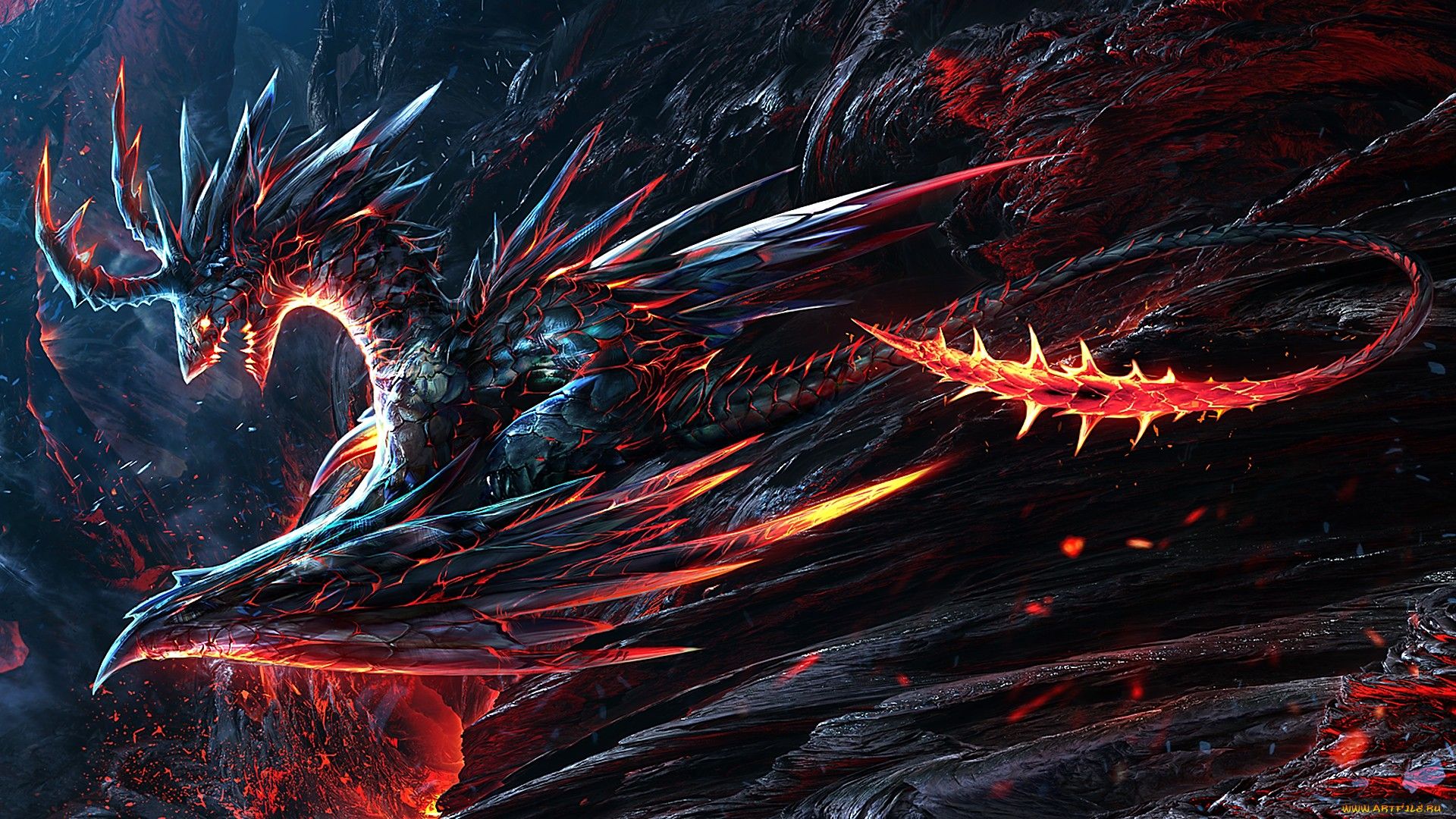 Drache, Lava, Rot, Schwarz, Stacheln, 16:9, Full-HD-Hintergrundbild für den Desktop