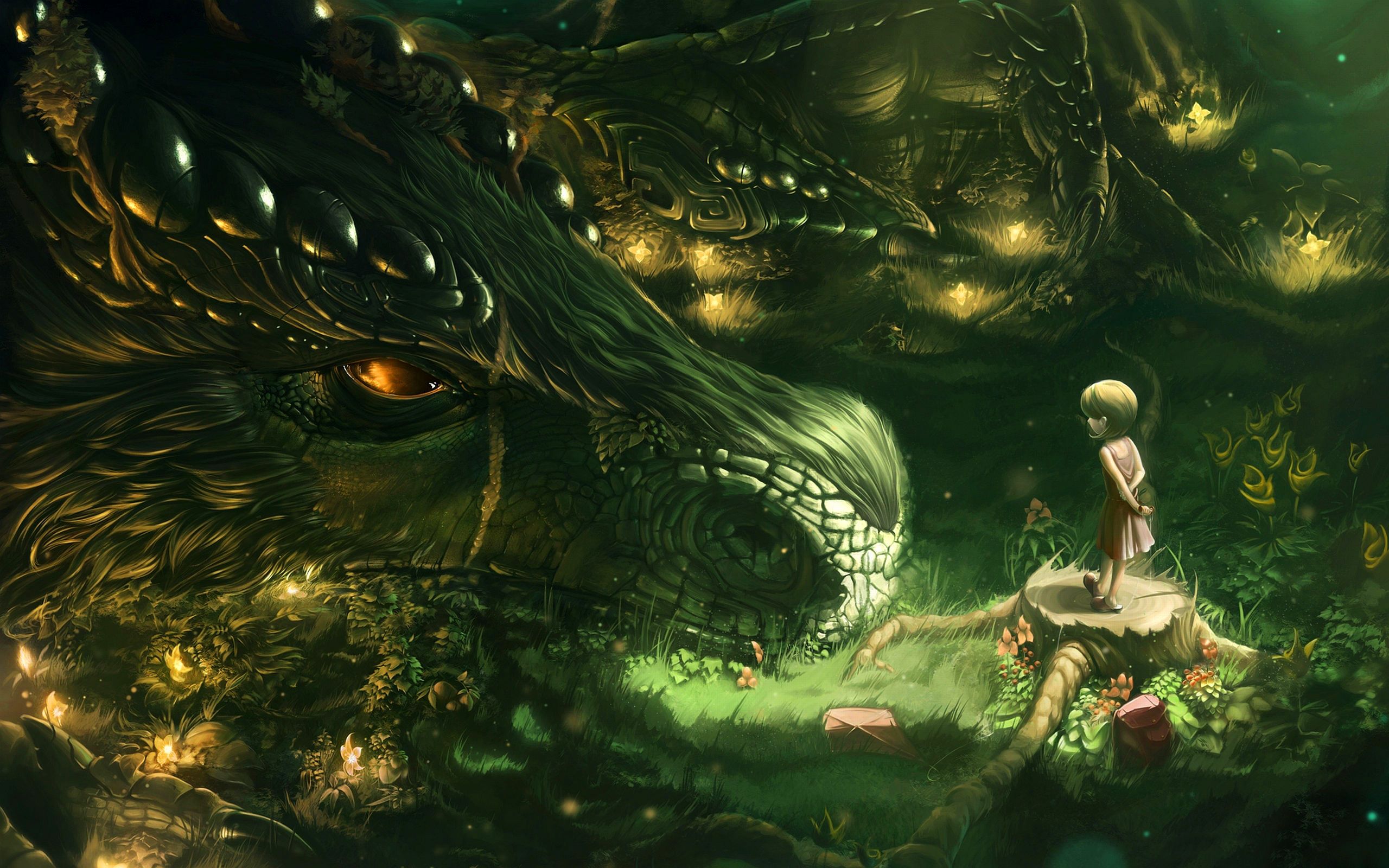 Drache, Mädchen, Wald, Glühwürmchen, Grün, Märchen, 2K, Hintergrundbild für den PC