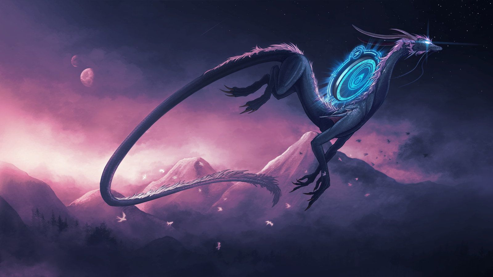 Drache, Rosa Himmel, Berge, Planeten, Fantasy, HD, Desktop-Hintergrund für Windows