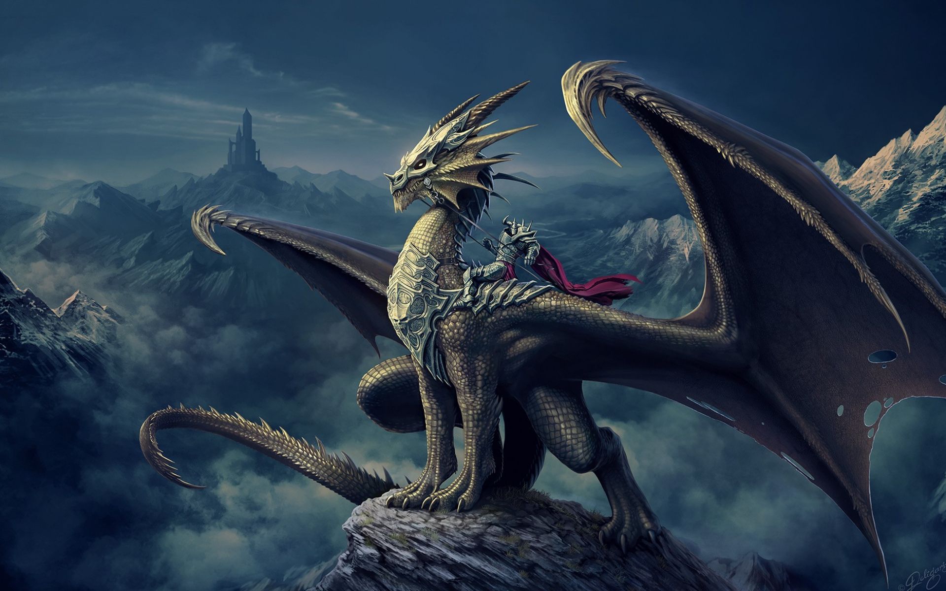 Drache, Berggipfel, Wolken, Flügel, Fantasy-Landschaft, Full HD, Desktop-Hintergrund für Windows