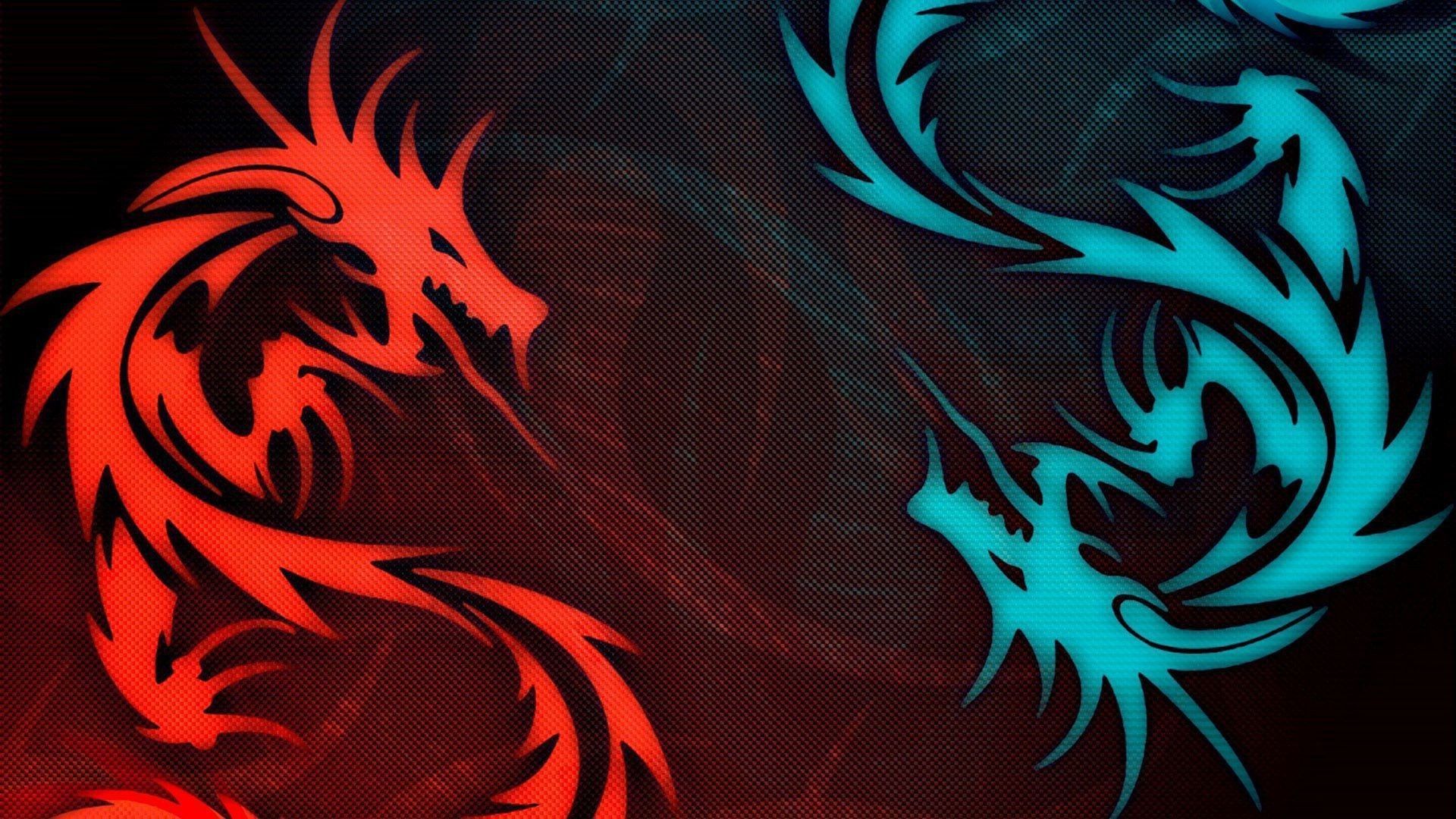 Tribal-Drachen, Rot, Türkis, Yin und Yang, Vektorgrafik, Full HD, Windows-Hintergrundbild