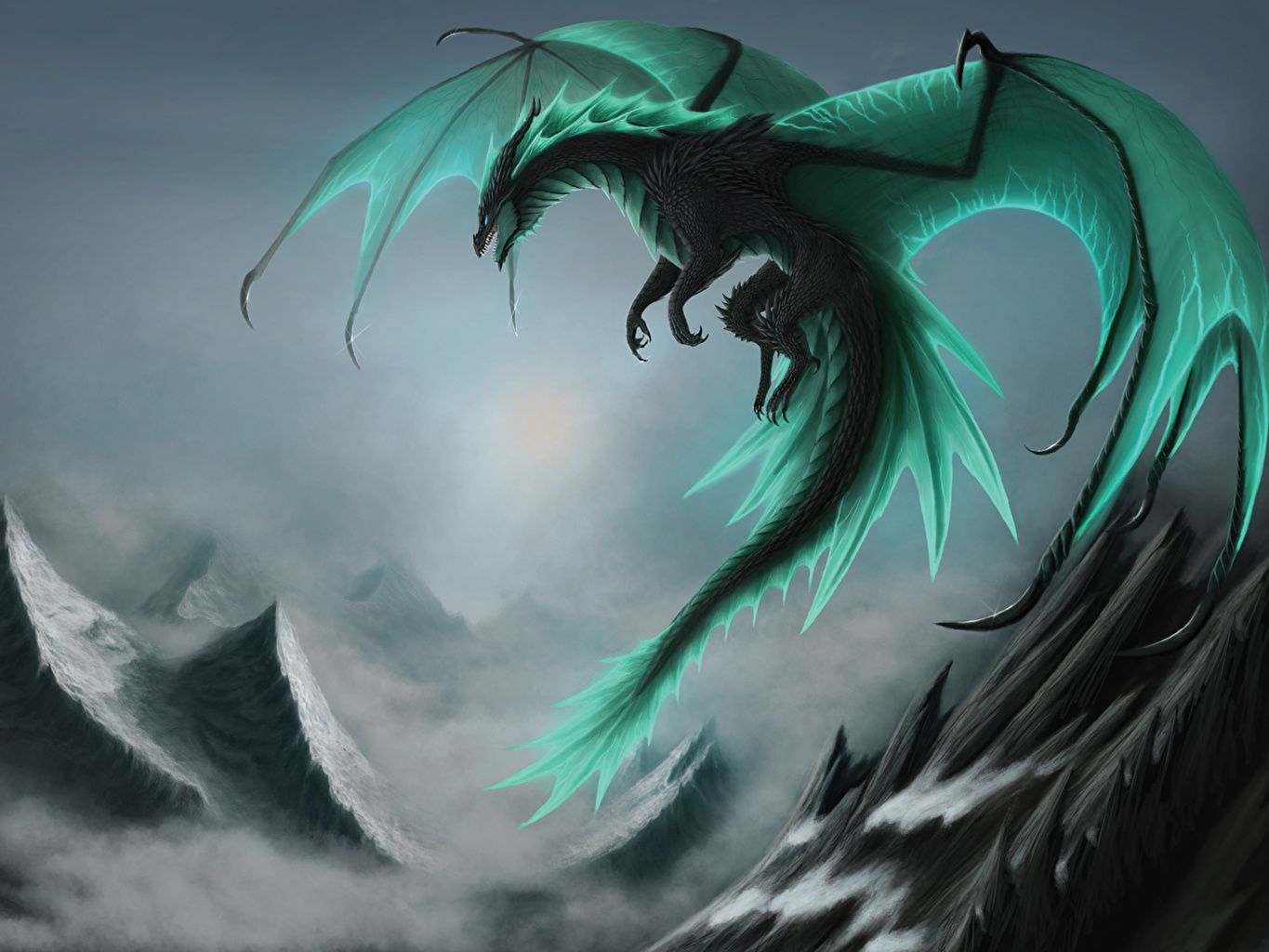 Drache, Türkis, Berge, Nebel, Fliegend, HD, Hintergrundbild fürs Tablet