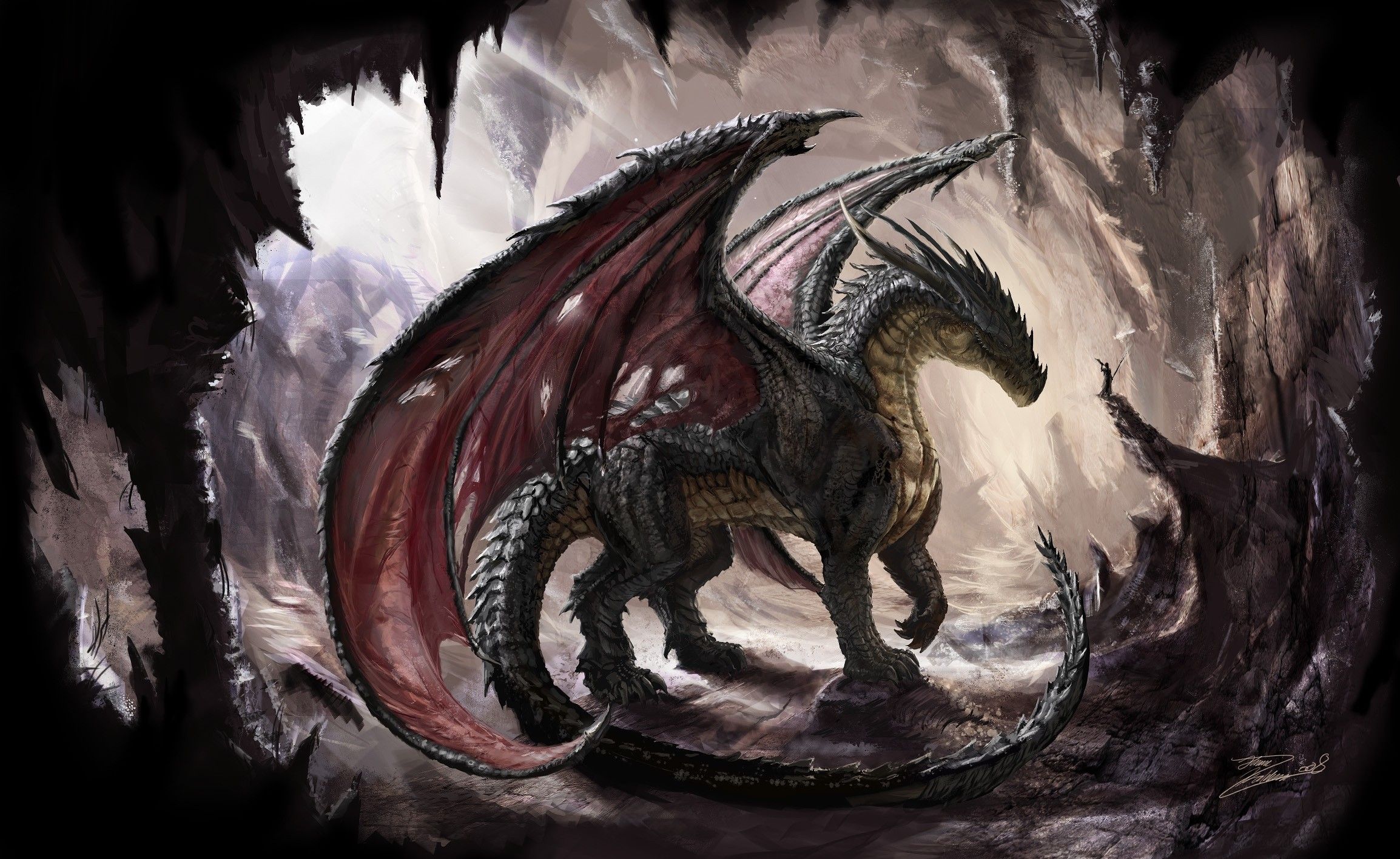 Drache, Höhle, Flügel, Rotbraun, Fantasy-Kunst, Full HD, Desktop-Hintergrund für Windows