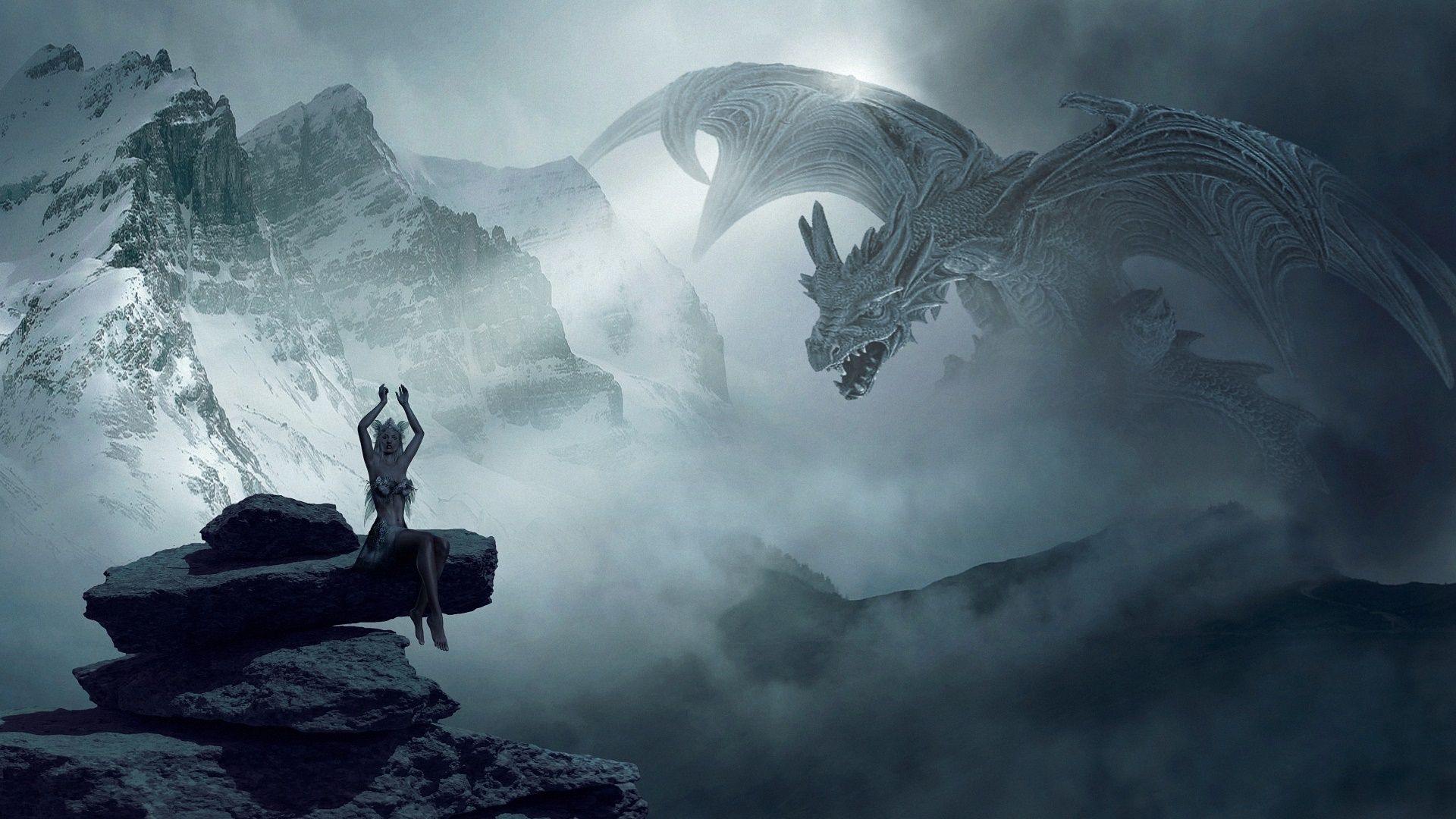 Drache, Mensch, Nebel, Berge, Grau, 1920x1080, Full-HD-Hintergrundbild für PC