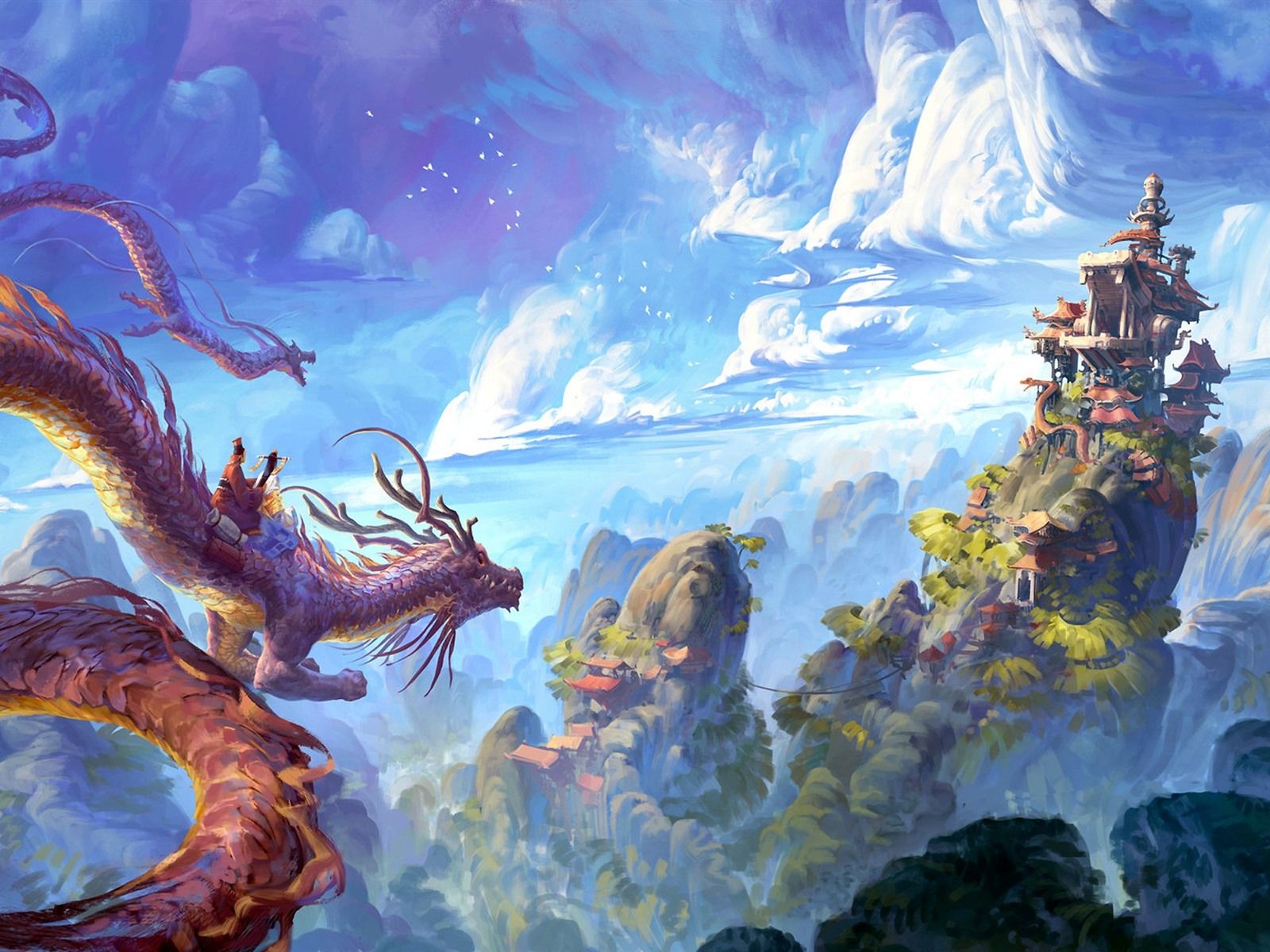 Chinesischer Drache, Tempel, Schwebende Berge, Himmel, Fantasy-Landschaft, HD, iPad-Hintergrundbild