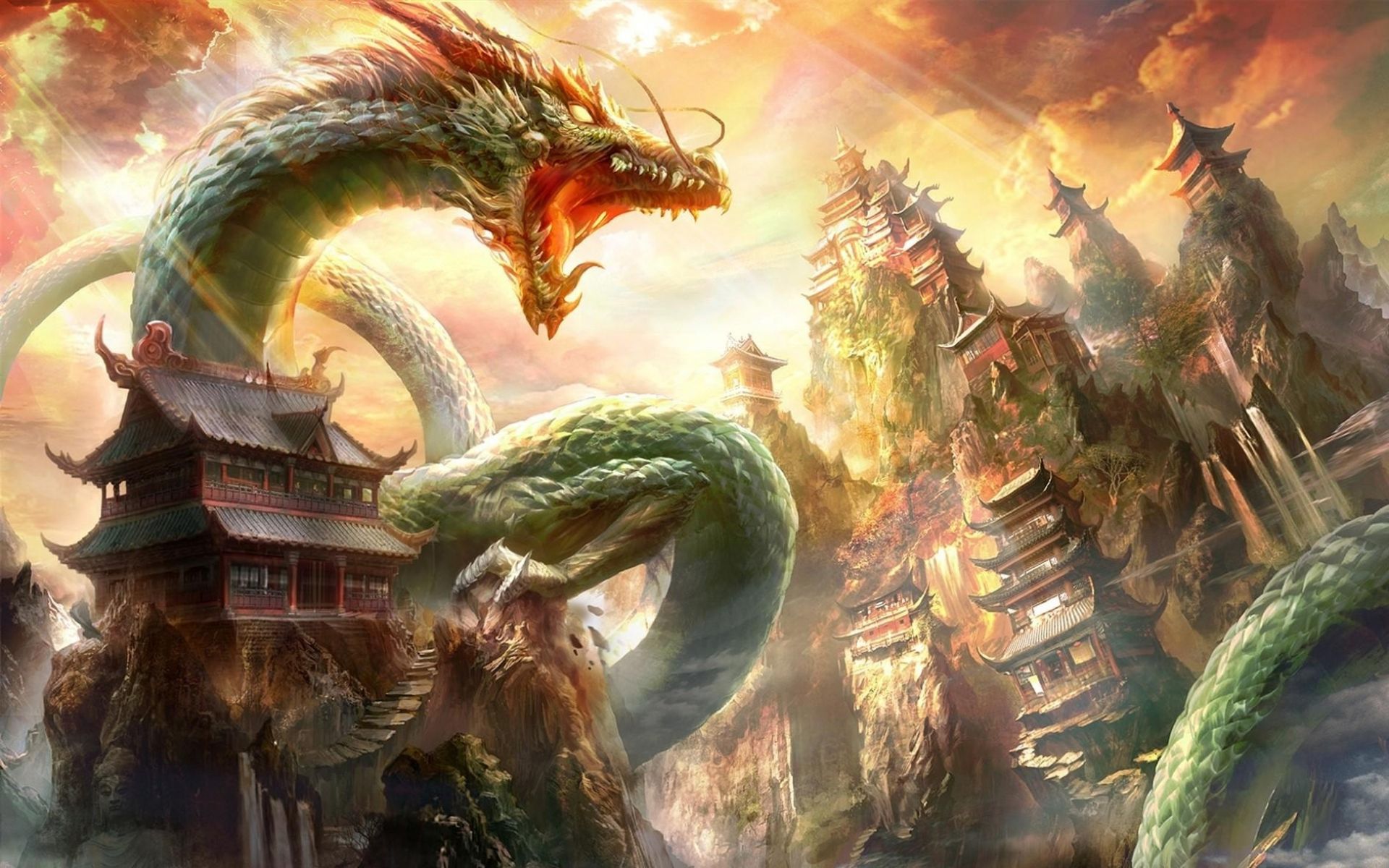 Chinesischer Drache, Pagoden, Asiatische Kunst, Gelb, Grün, Full HD, PC-Hintergrundbild