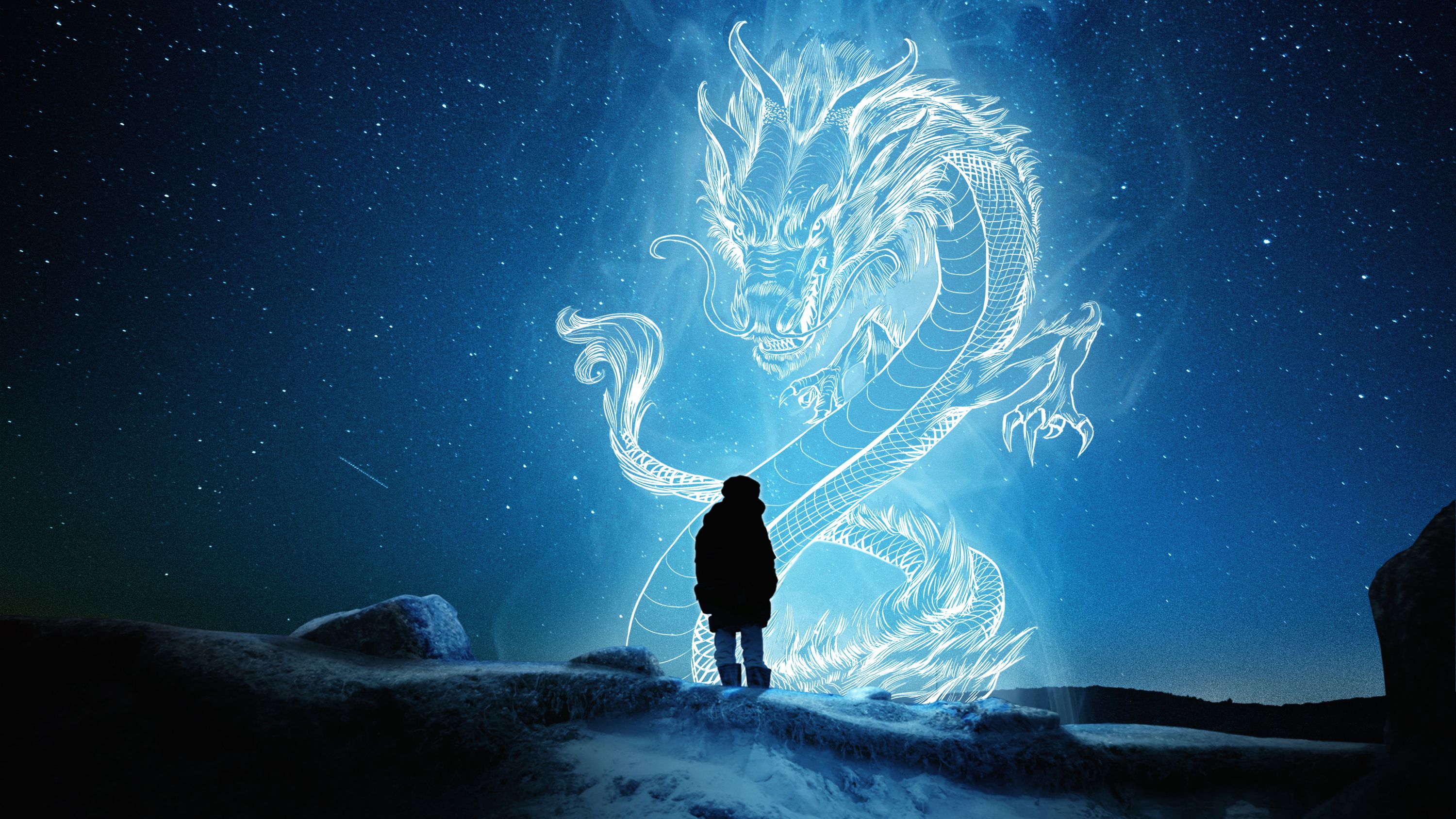 Chinesischer Drache, Lichtgestalt, Sternenhimmel, Mensch, Blau, 2K-Hintergrundbild für PC