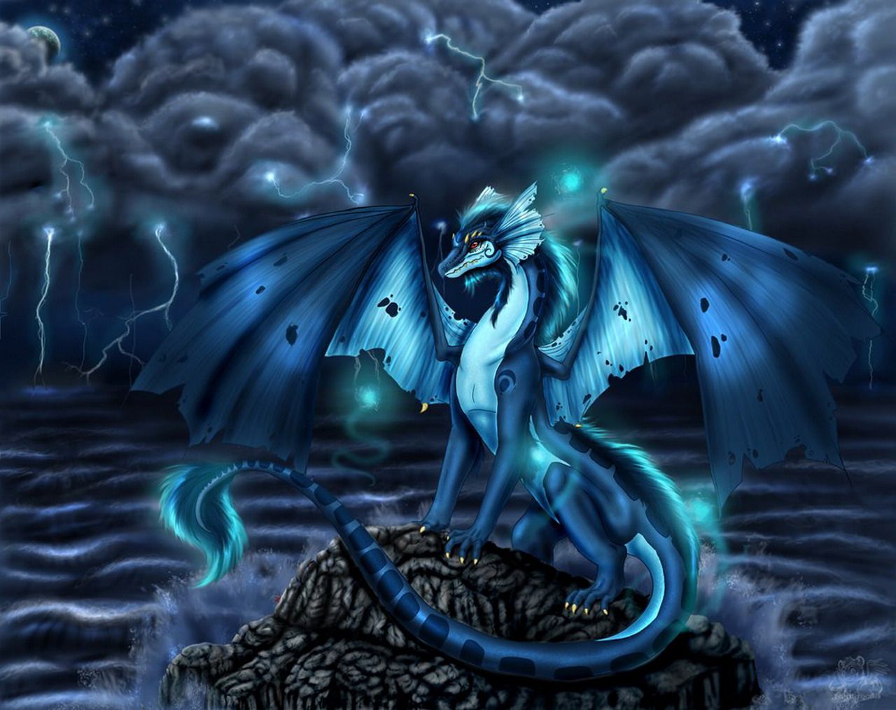 Blauer Drache, Gewitter, Wolken, Felsen, Fantasy-Kunst, HD, Hintergrund für den Desktop