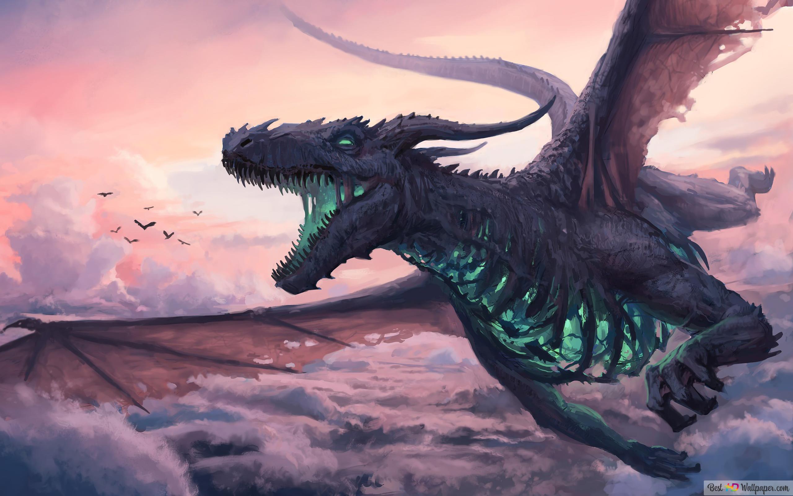 Schwarzer Drache, Fliegend, Rosa Himmel, Wolken, Leuchtendes Grün, 2K, MacBook-Hintergrundbild