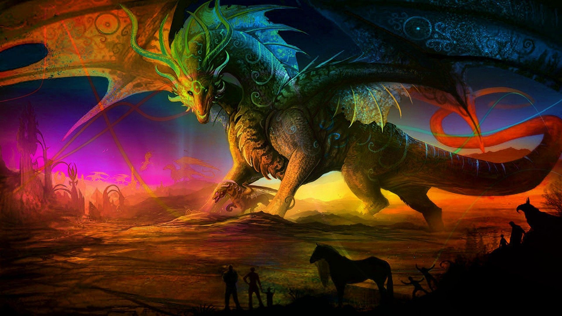 Drache, Bunt, Psychedelisch, Reiter, Fantasy-Landschaft, Full HD, Laptop-Hintergrundbild