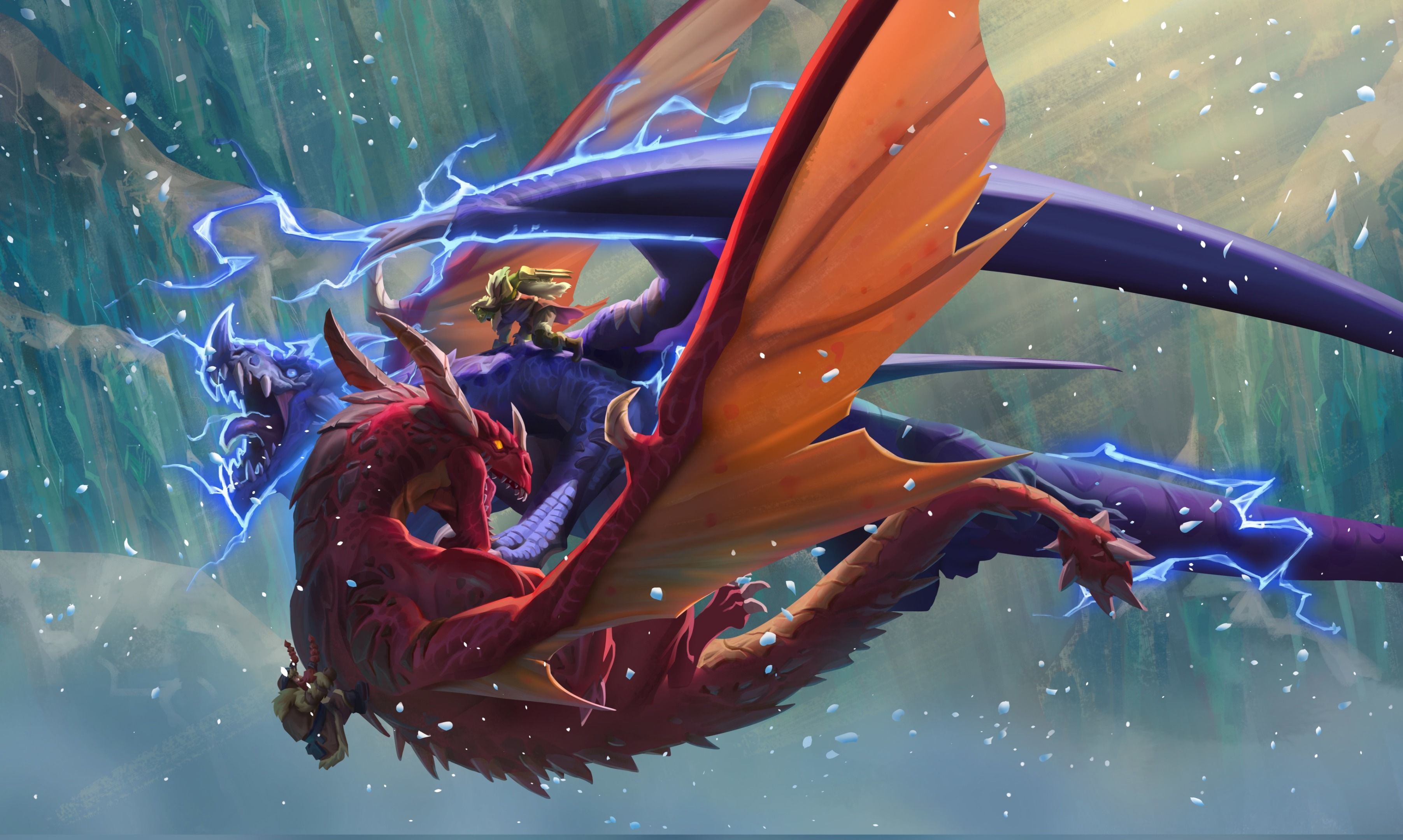 Drachenreiter, Roter Drache, Blitze, Flügel, Fantasy-Kunst, 2K, Laptop-Hintergrundbild