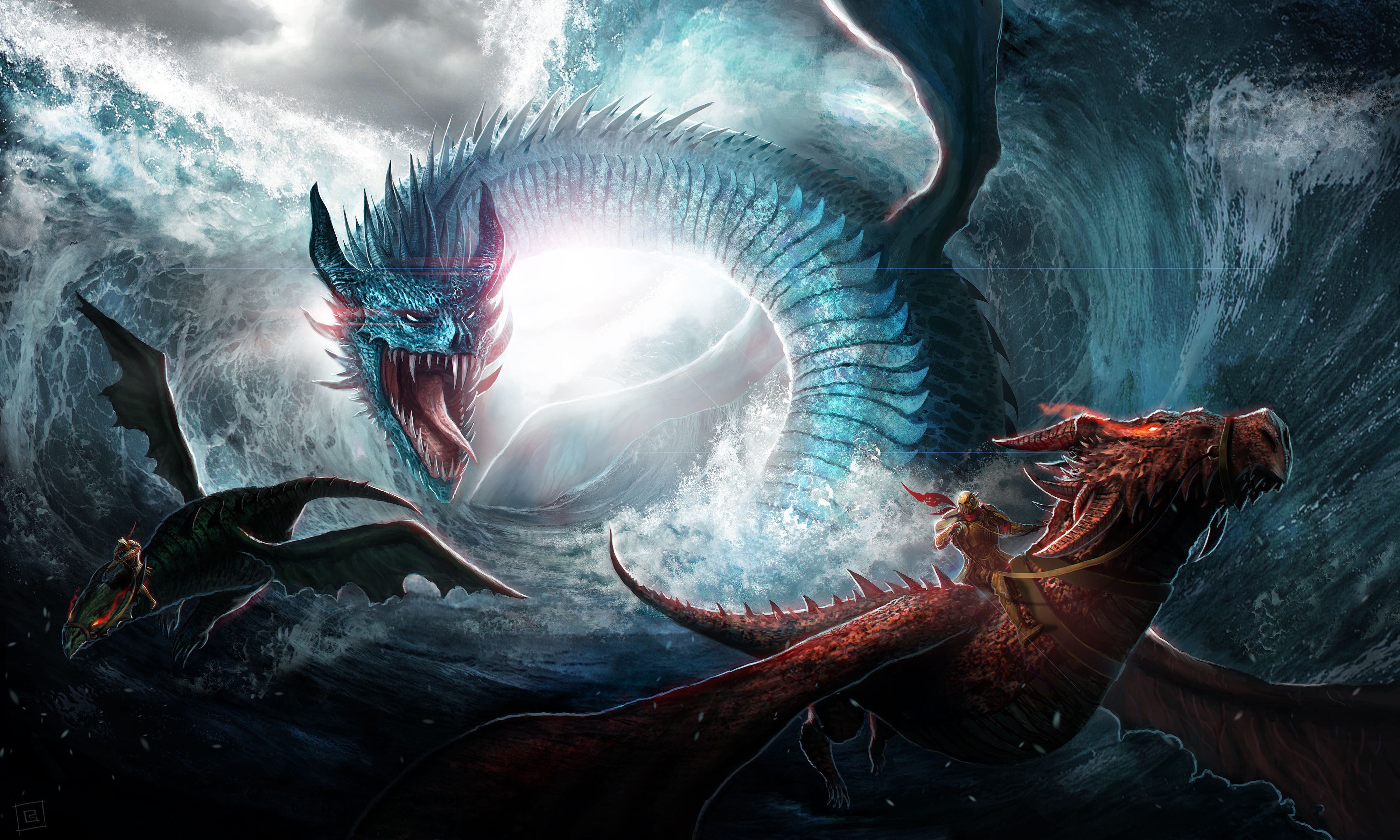 Drachen, Kampf, Sturm, Wellen, Fantasy, 4K, Hintergrundbild für den PC