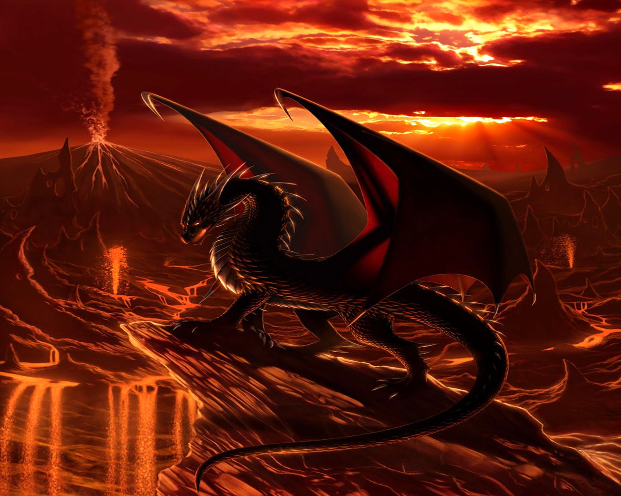 Drache, Lavalandschaft, Vulkan, Rot, Fantasy-Kunst, HD, Hintergrundbild für den PC