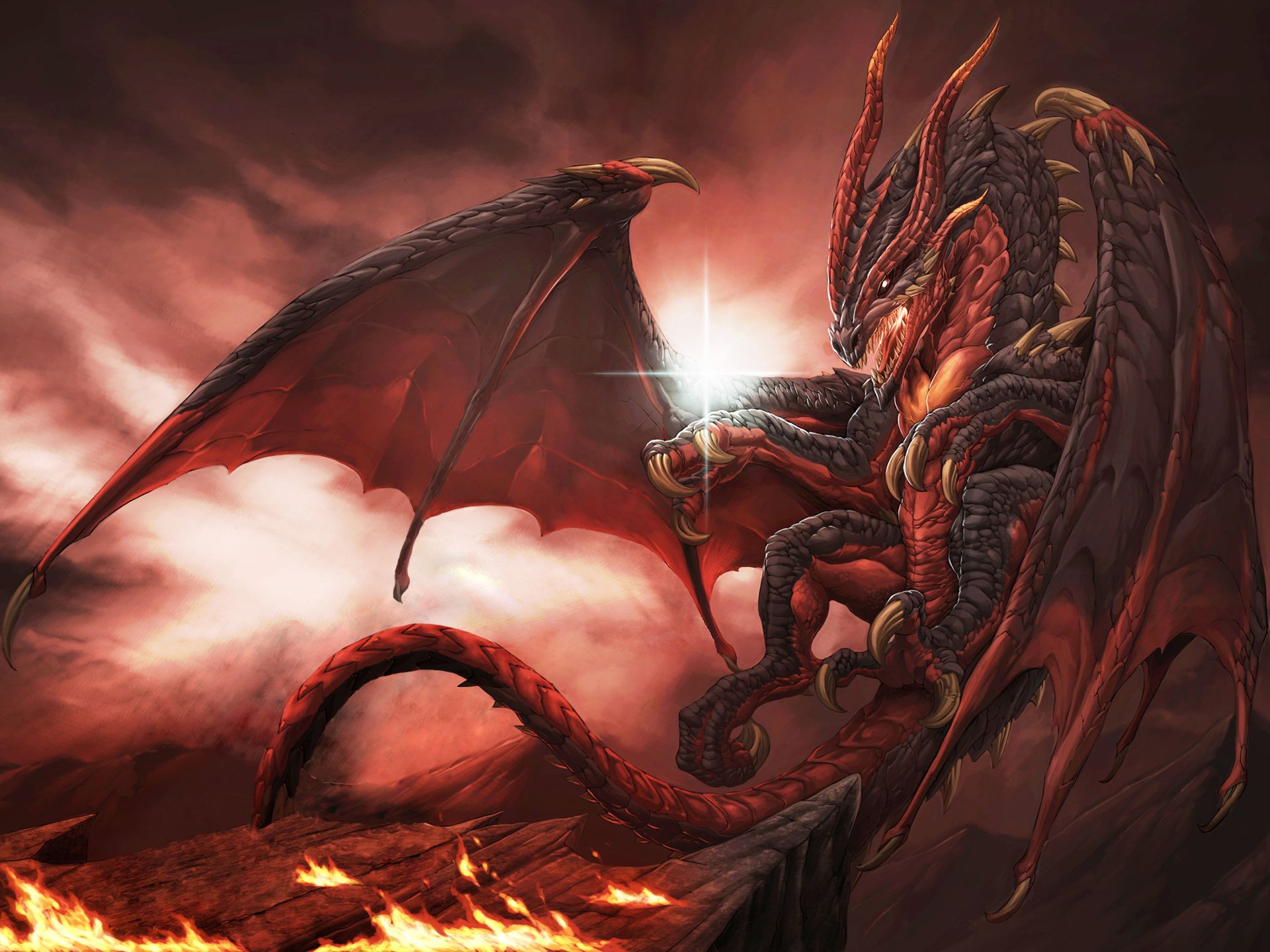 Drachen, Kampf, Rötlich, Flügel, Dark Fantasy, Full HD, Hintergrundbild fürs Tablet