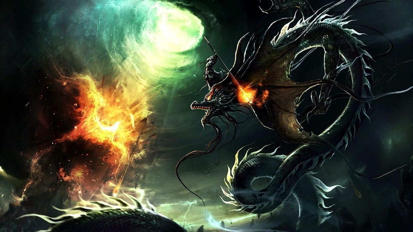 Schwarzer Drache, Feuerball, Grüne Wolken, Schuppen, Fantasy, HD, PC-Hintergrundbild