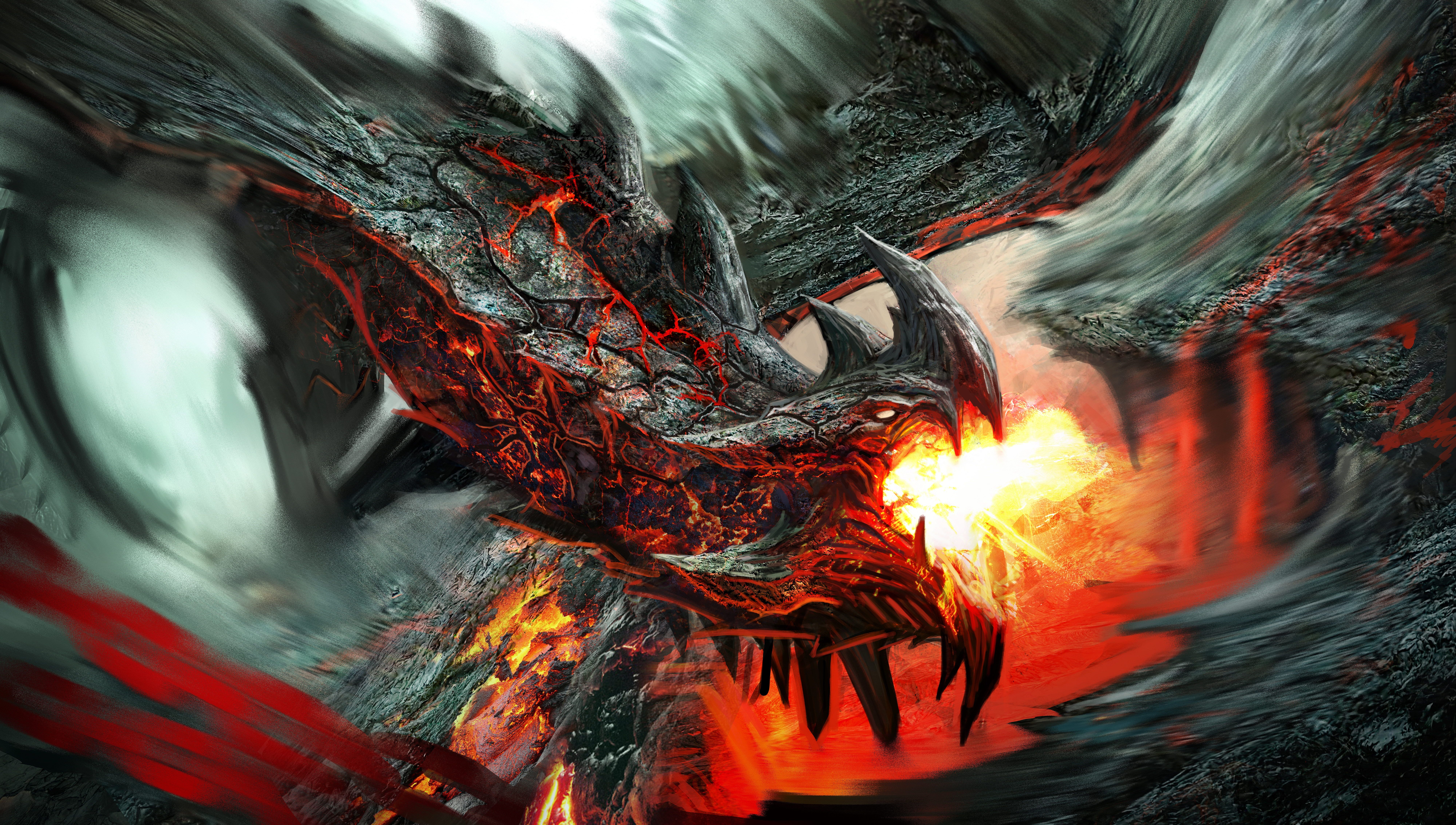 Drache, Lava, Feueratem, Stacheln, Rot-Schwarz, 8K, Hintergrund für den Desktop