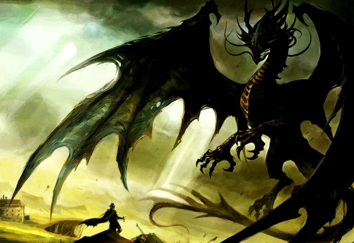 Schwarzer Drache, Silhouette, Krieger, Gelber Himmel, Dark Fantasy, Hintergrundbild