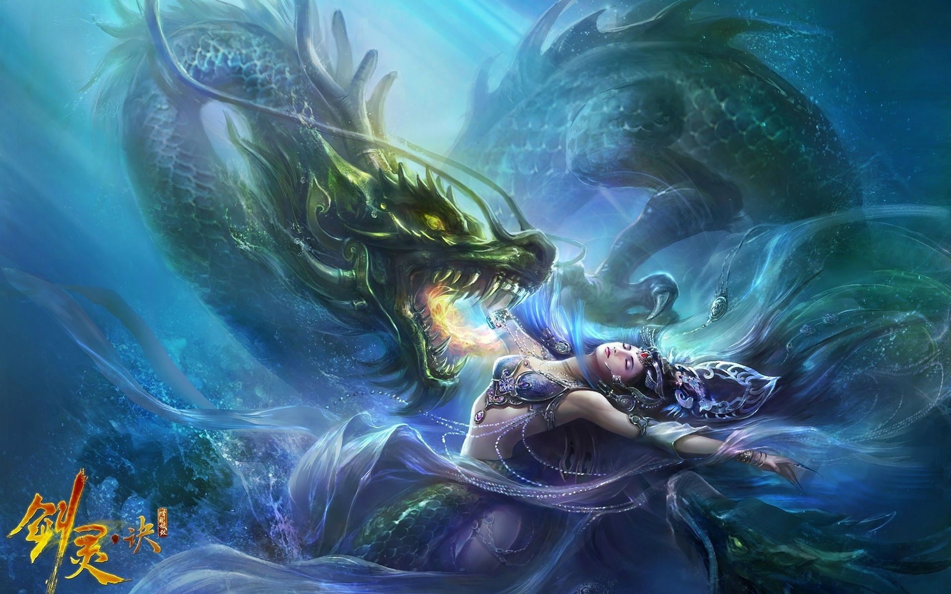 Chinesischer Drache, Kriegerin, Blau-Grün, Asiatische Fantasy, Wasser, Full-HD-Hintergrundbild für PC