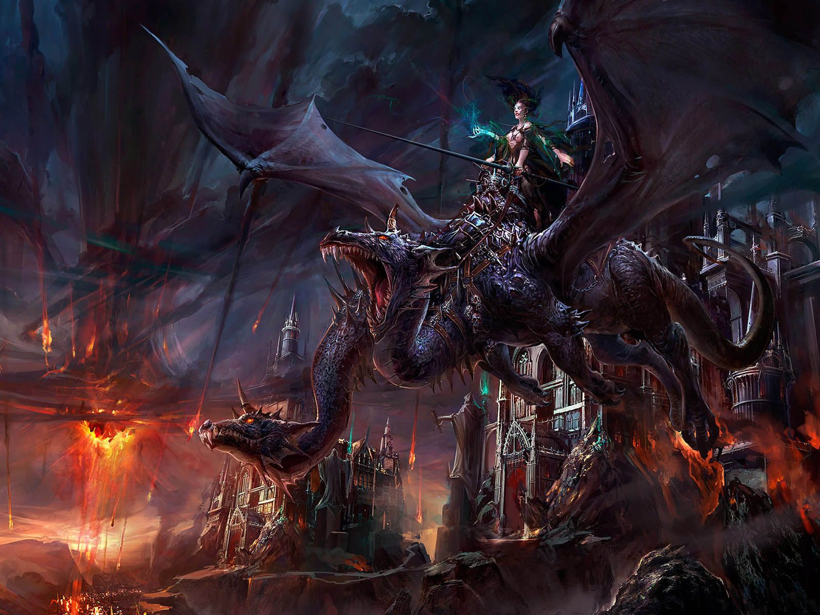 Drache, Brennende Burg, Krieg, Dark Fantasy, Feuer, HD, iPad-Hintergrundbild