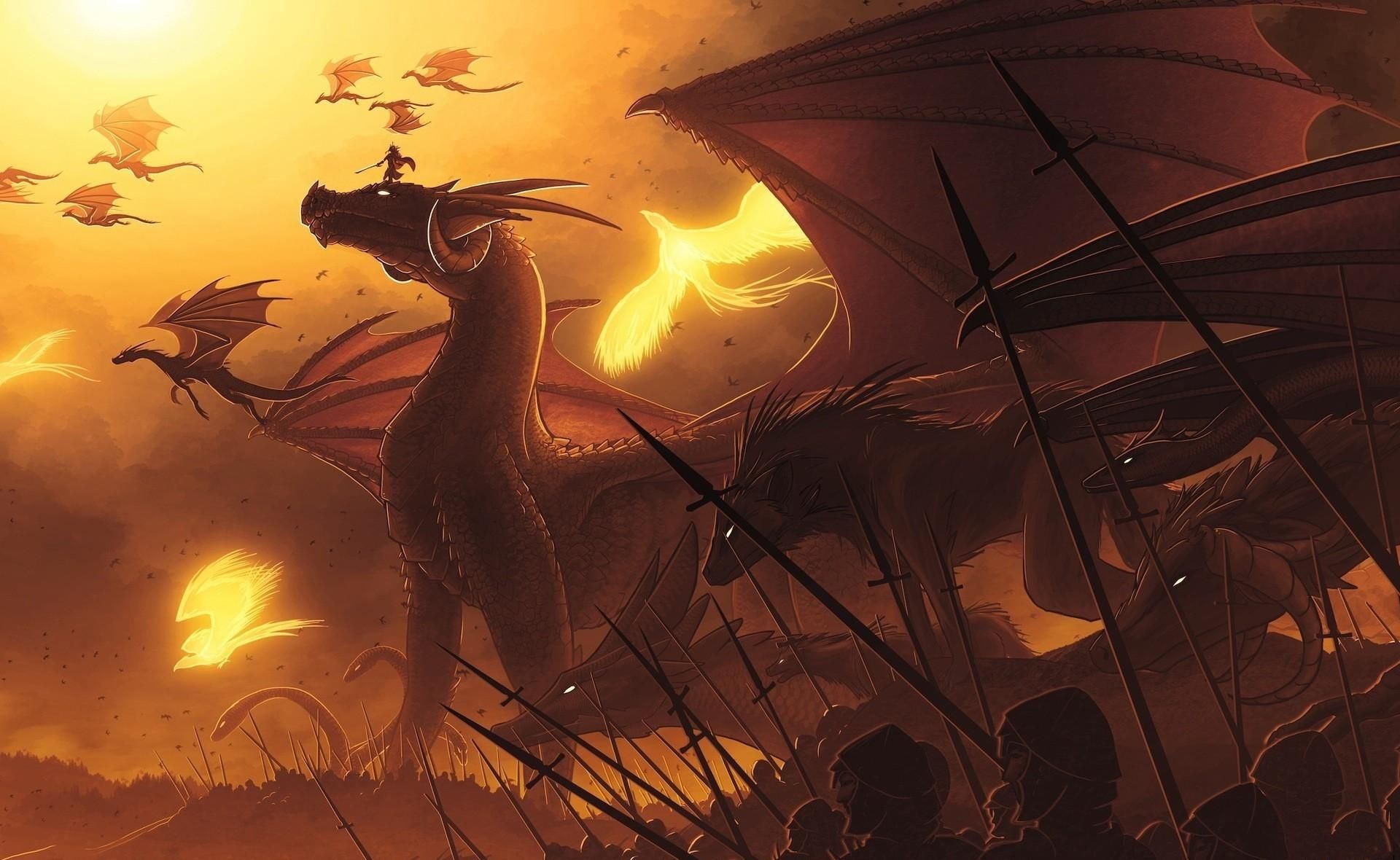 Drachen, Schlacht, Armee, Speere, Orangefarbener Himmel, Full HD, Desktop-Hintergrund