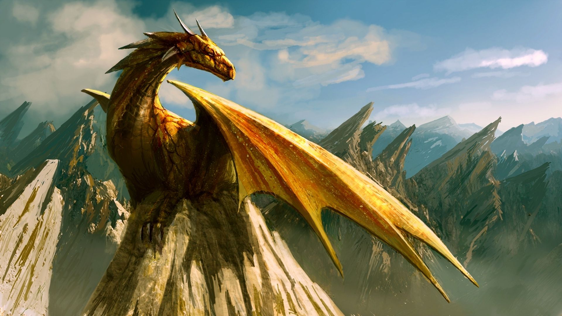 Goldener Drache, Berggipfel, Flügel, Felsen, Himmel, Full HD 1080p, Desktop-Hintergrundbild