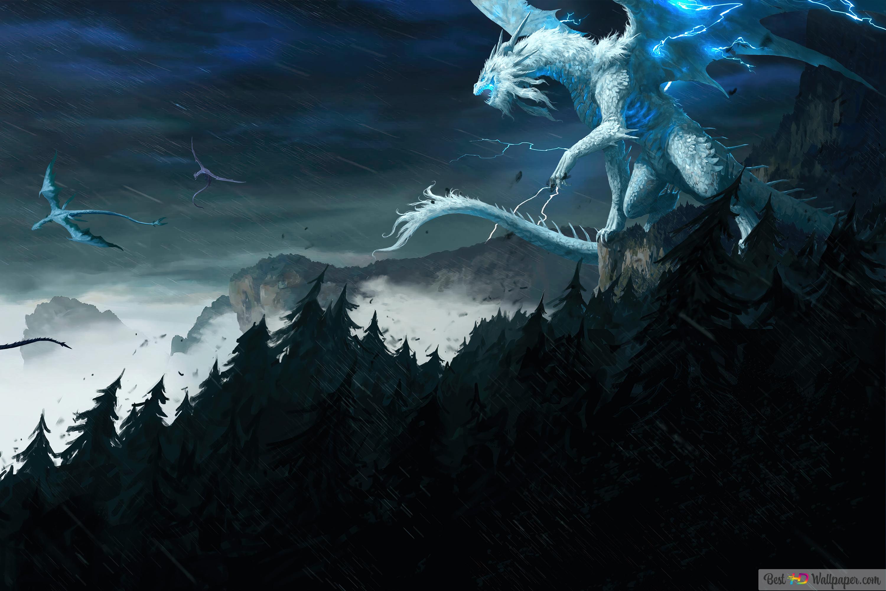 Weißer Drache, Nadelwald, Sturm, Dunkle Wolken, Fantasy, 2K, PC-Hintergrundbild