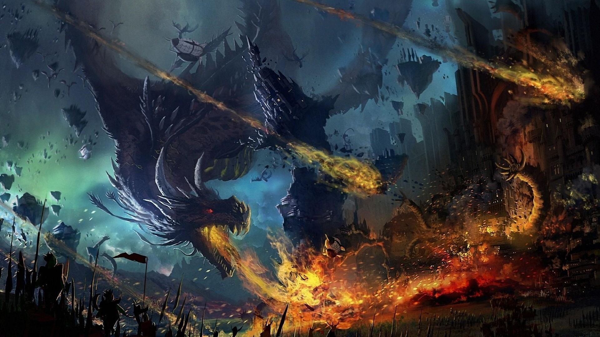 Drachen, Schlacht, Meteore, Feuer, Fantasy-Kunst, 1920x1080, Full-HD-Hintergrundbild für PC