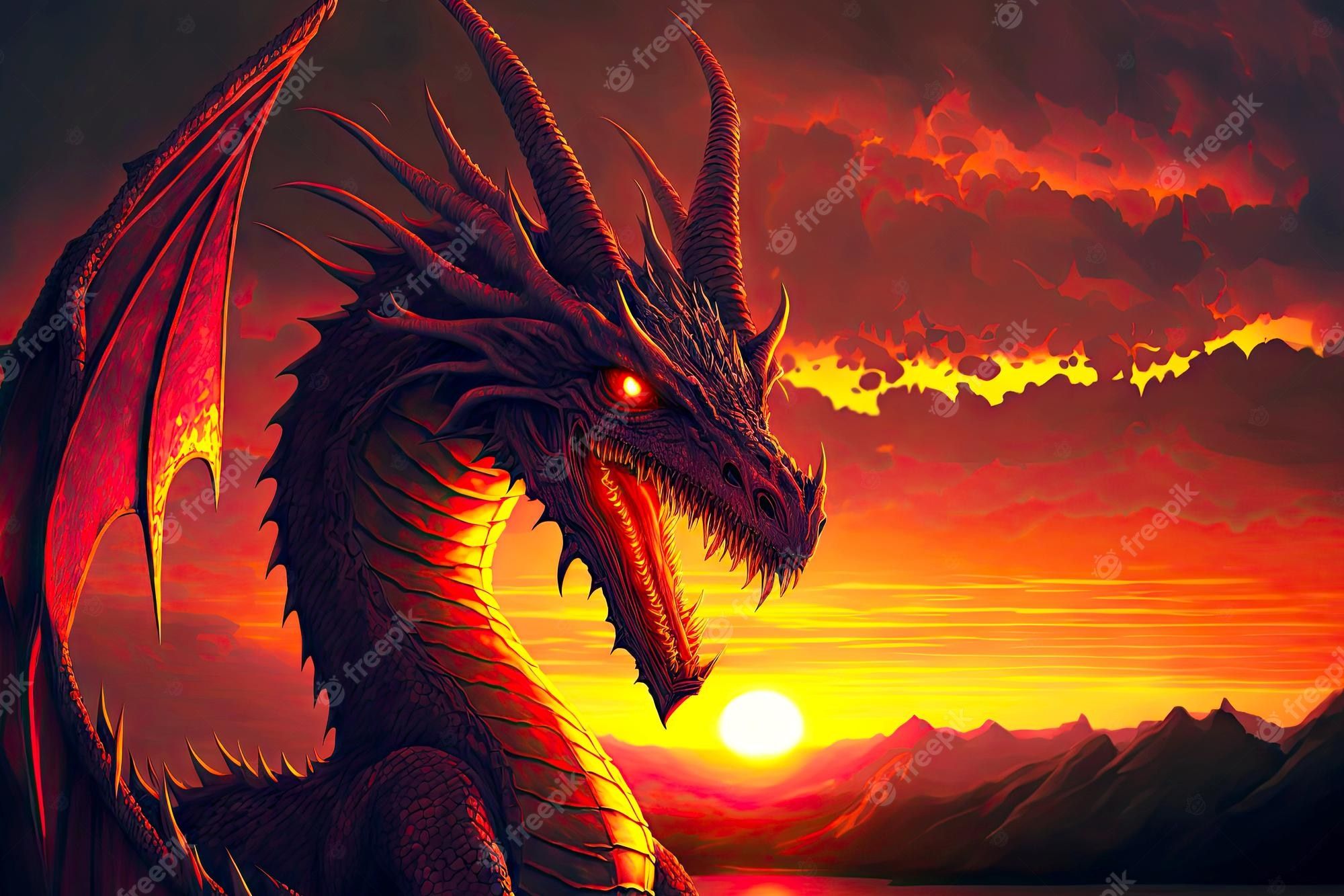 Roter Drache, Sonnenuntergang, Silhouette, Roter Himmel, Illustration, Full HD, Windows-Hintergrundbild
