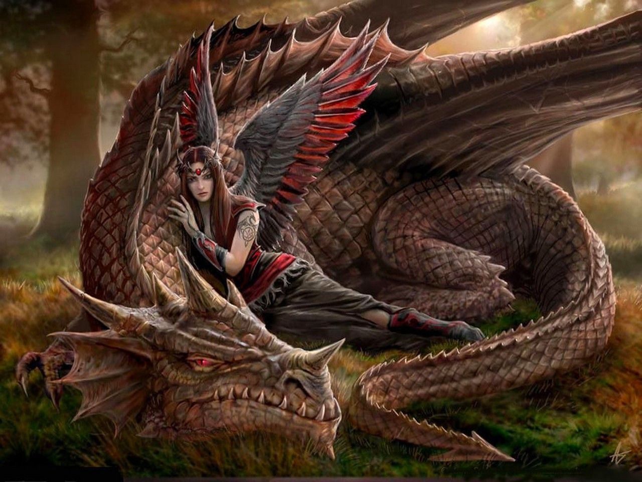 Drache, Frau, Flügel, Wald, Fantasy-Kunst, HD, Hintergrundbild fürs Tablet