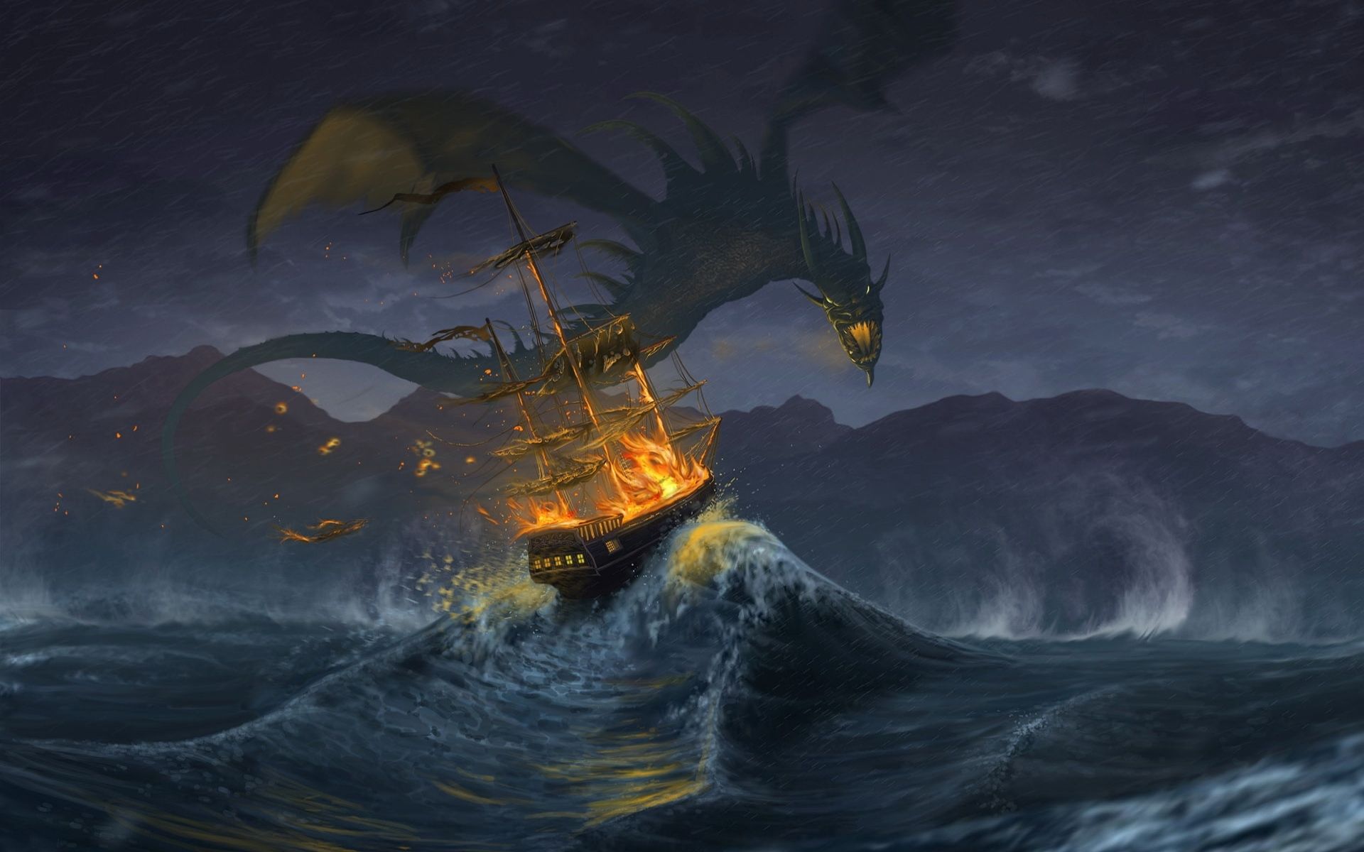 Seedrache, Segelschiff, Sturm, Wellen, Nacht, 16:10, Full-HD-Hintergrundbild für den Desktop