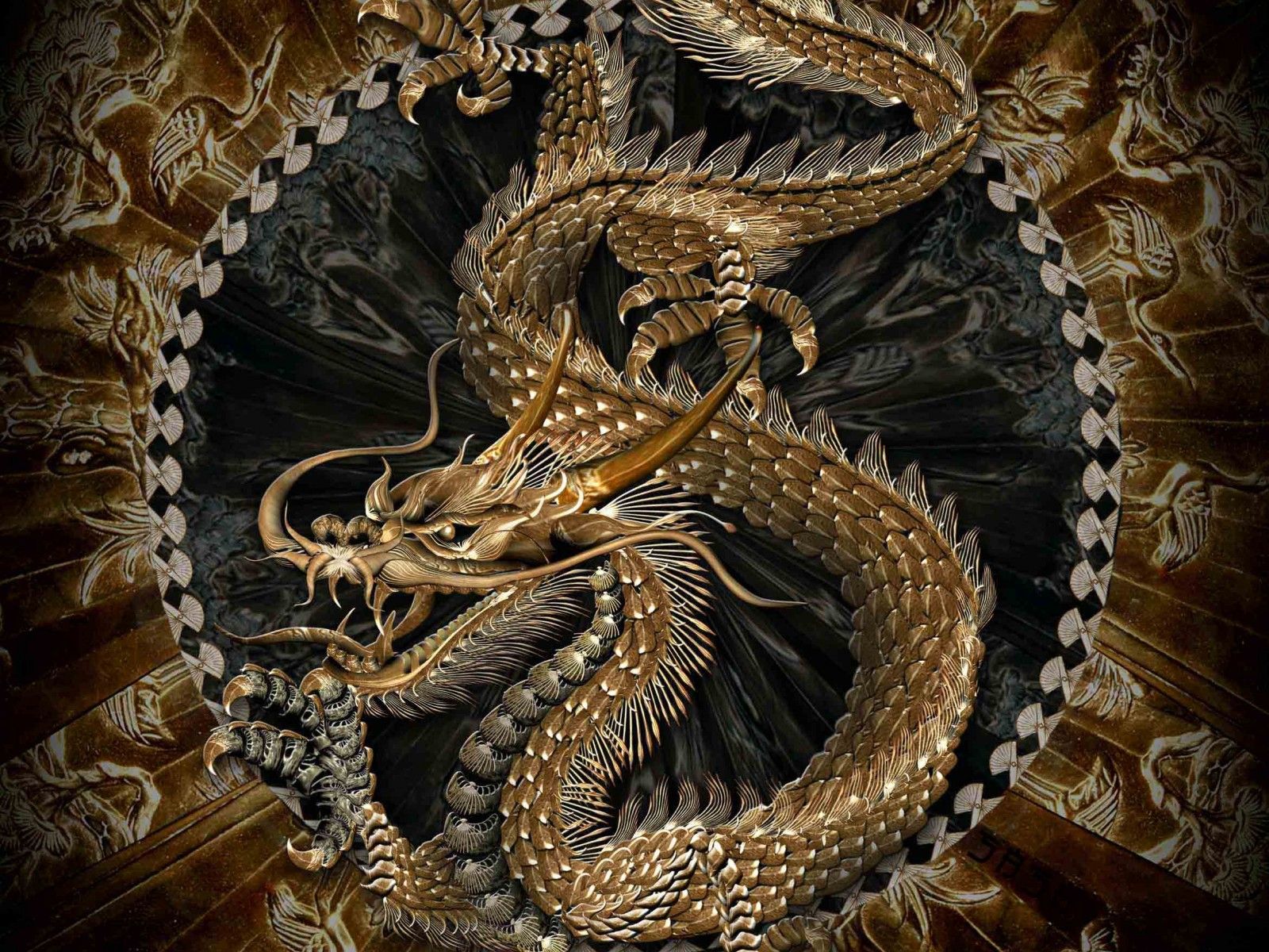 Goldener Drache, Chinesischer Drache, Ornamente, Rahmen, Asiatische Kunst, HD, Tablet-Hintergrund
