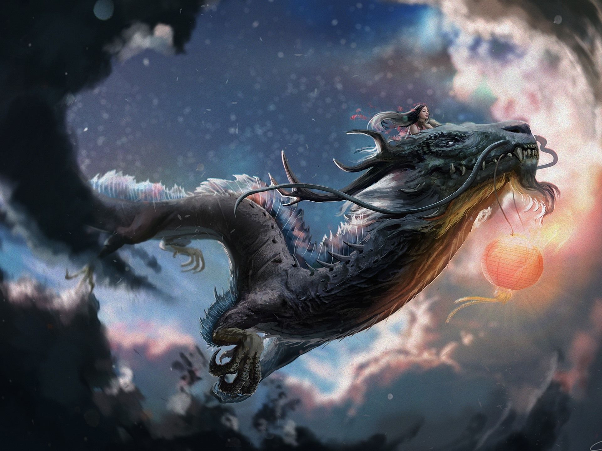 Chinesischer Drache, Wolken, Sternenhimmel, Fliegend, Fantasy, Hintergrundbild fürs iPad