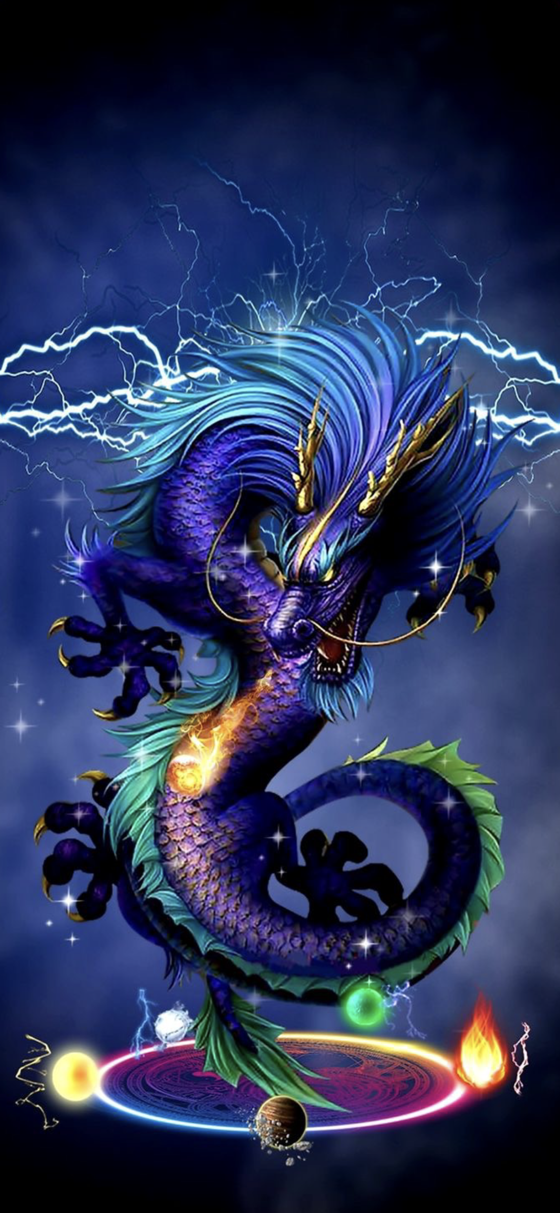 Chinesischer Drache, Blau-Lila, Blitze, Hochformat, Fantasy, Full HD, Handy-Hintergrund