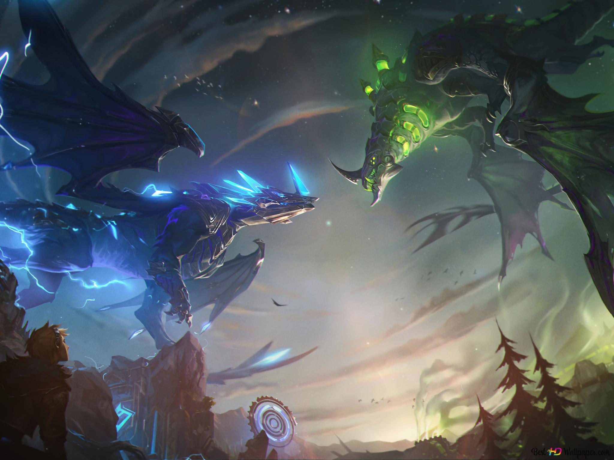 Drachen, Blaues Leuchten, Grünes Feuer, Wald, Fantasy-Kunst, Hintergrundbild fürs Tablet