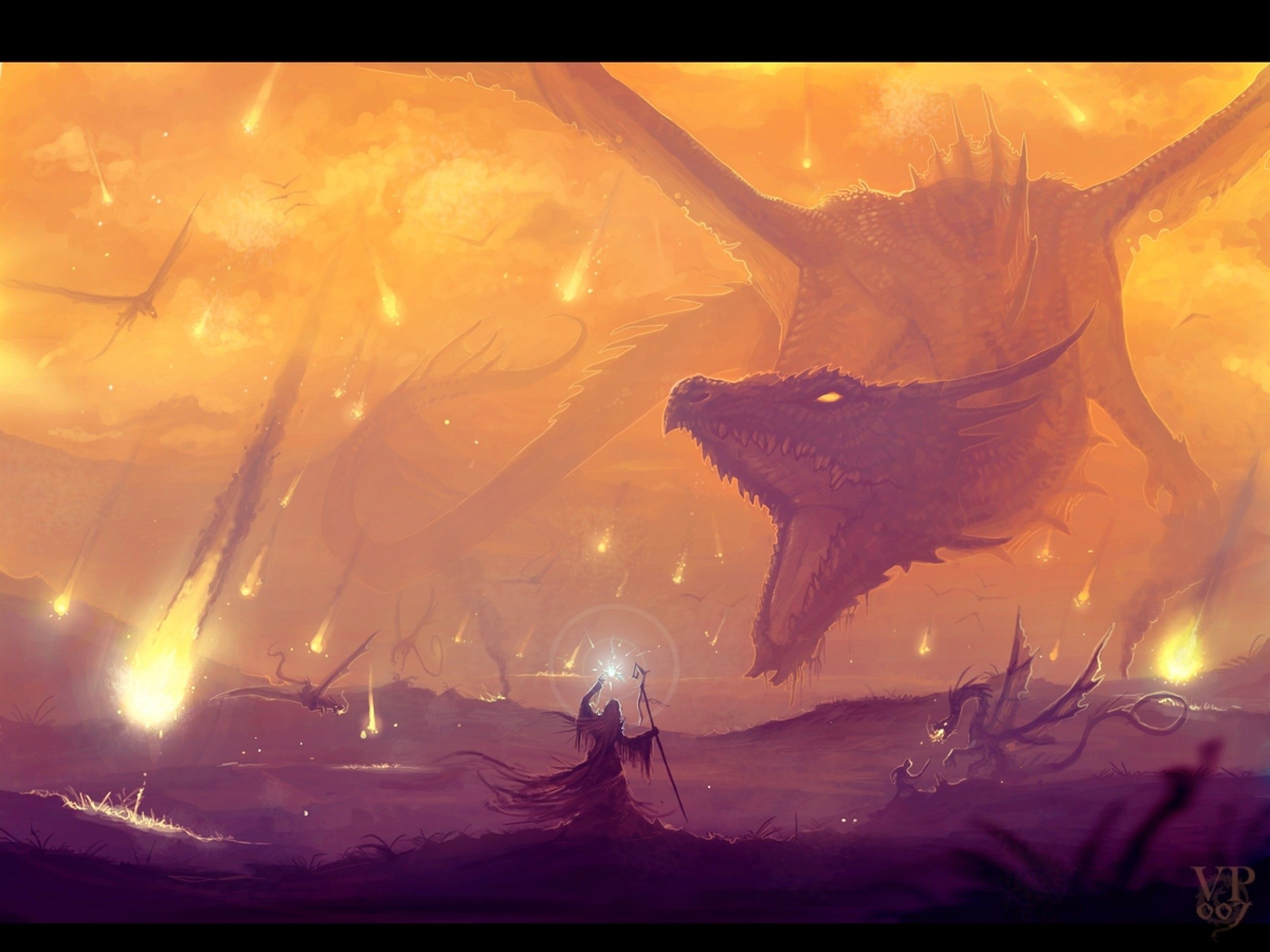 Drache, Silhouette, Orangefarbener Himmel, Meteore, Lila, 2K, Tablet-Hintergrund