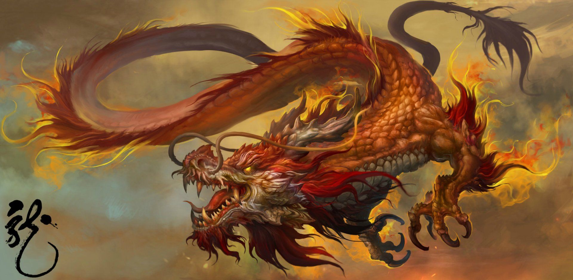 Chinesischer Drache, Rot-Gold, Kalligrafie, Asiatische Kunst, Illustration, Full HD, PC-Hintergrundbild