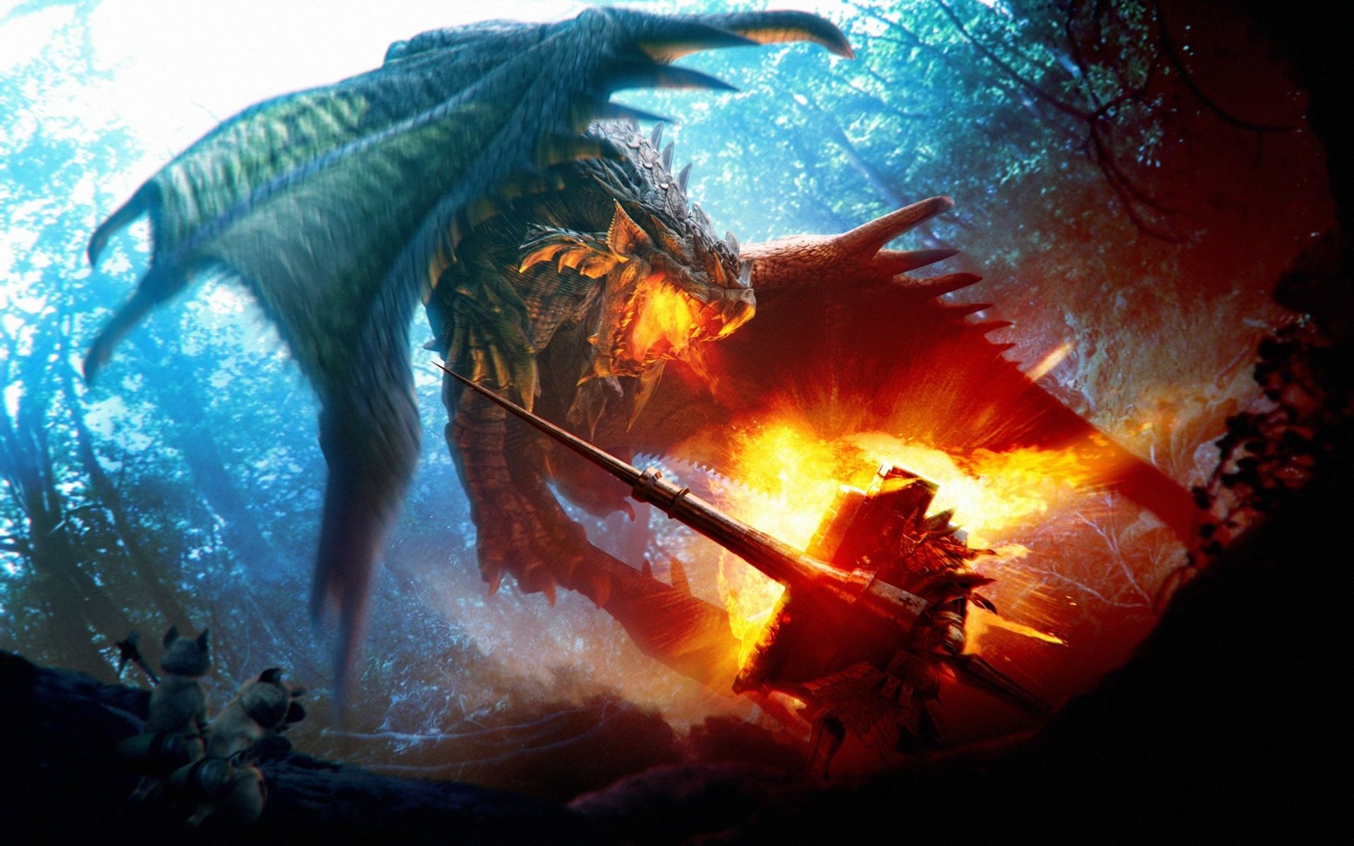 Drache, Krieger, Feuer, Wald, Kampf, 16:10, Full-HD-Hintergrundbild für den Desktop