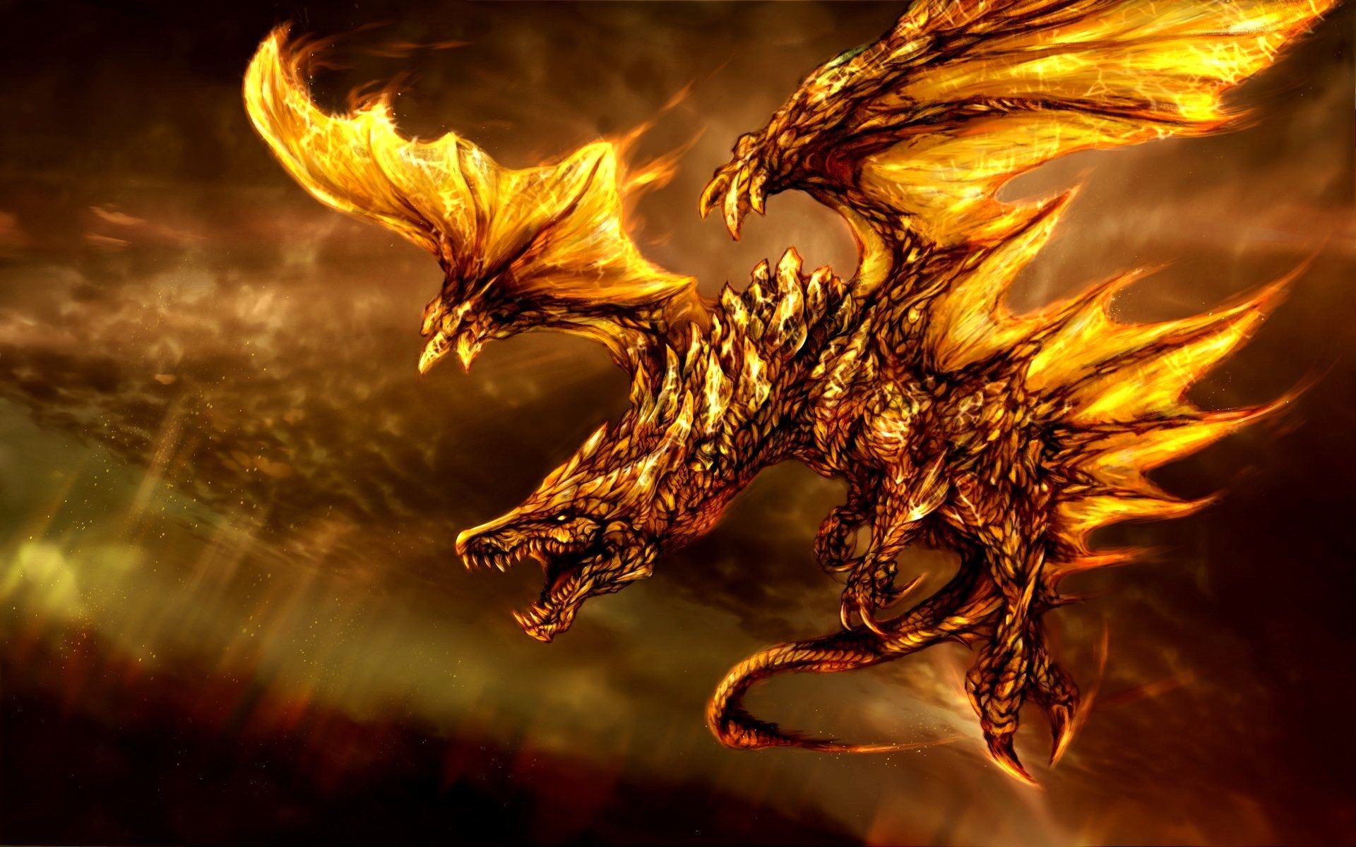 Goldener Drache, Feuer, Flügel, Glühen, Fantasy, 16:10, Full-HD-Hintergrundbild für den Desktop