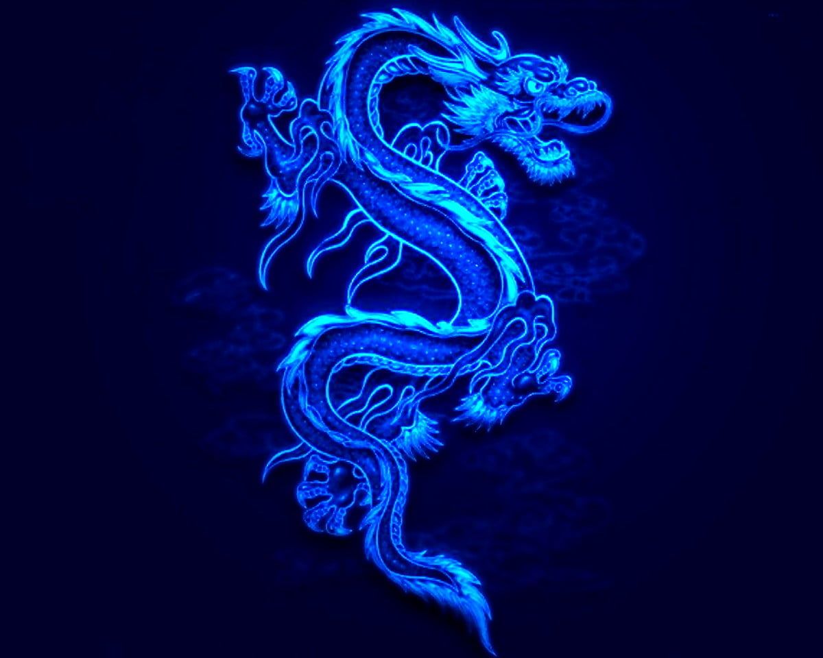 Chinesischer Drache, Neonblau, Dunkelblauer Hintergrund, Leuchtend, Asiatische Kunst, Wallpaper