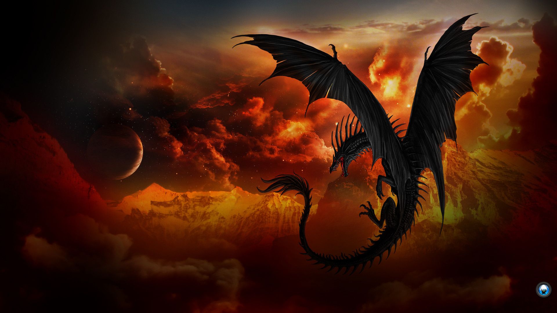 Schwarzer Drache, Feuerhimmel, Mond, Wolken, Silhouette, 1920x1080, PC-Hintergrundbild