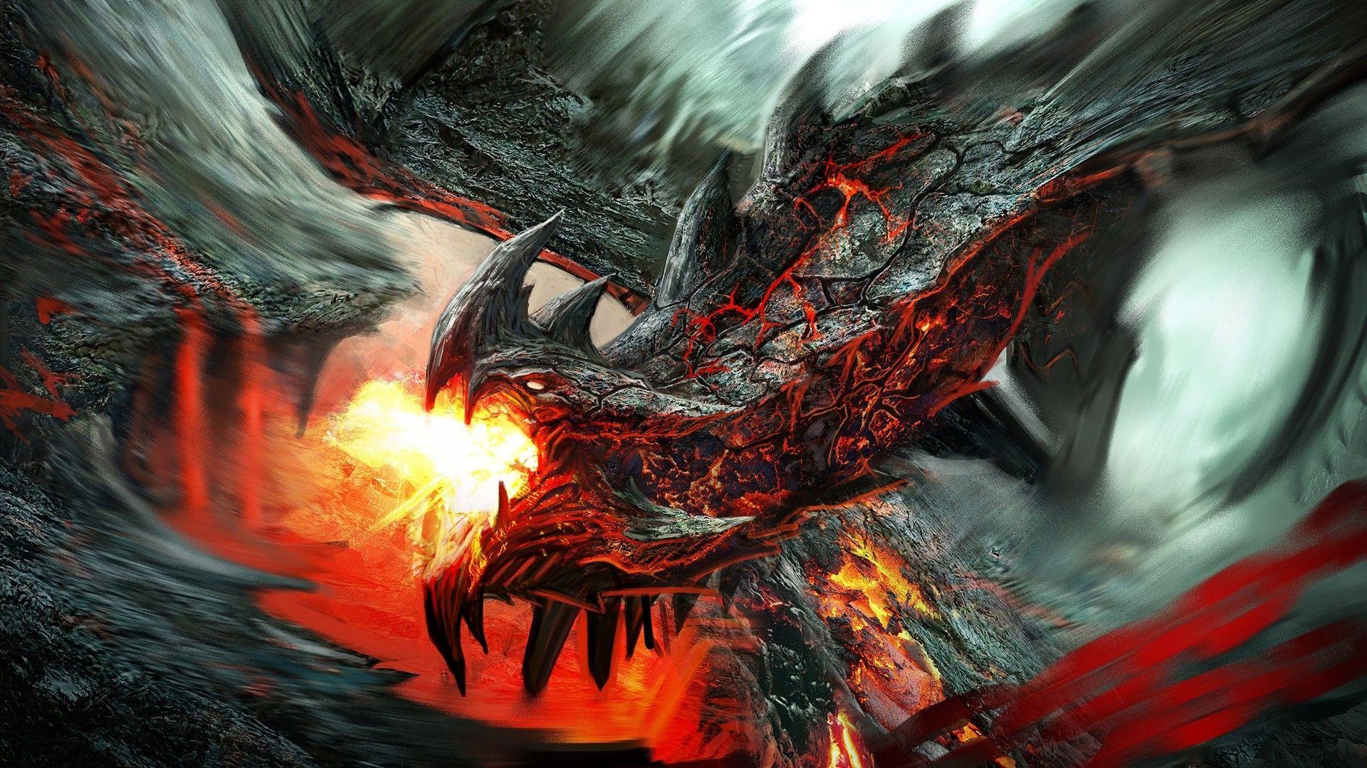 Drache, Lava, Feueratem, Stacheln, Rot-Schwarz, Full HD 1080p, Desktop-Hintergrundbild