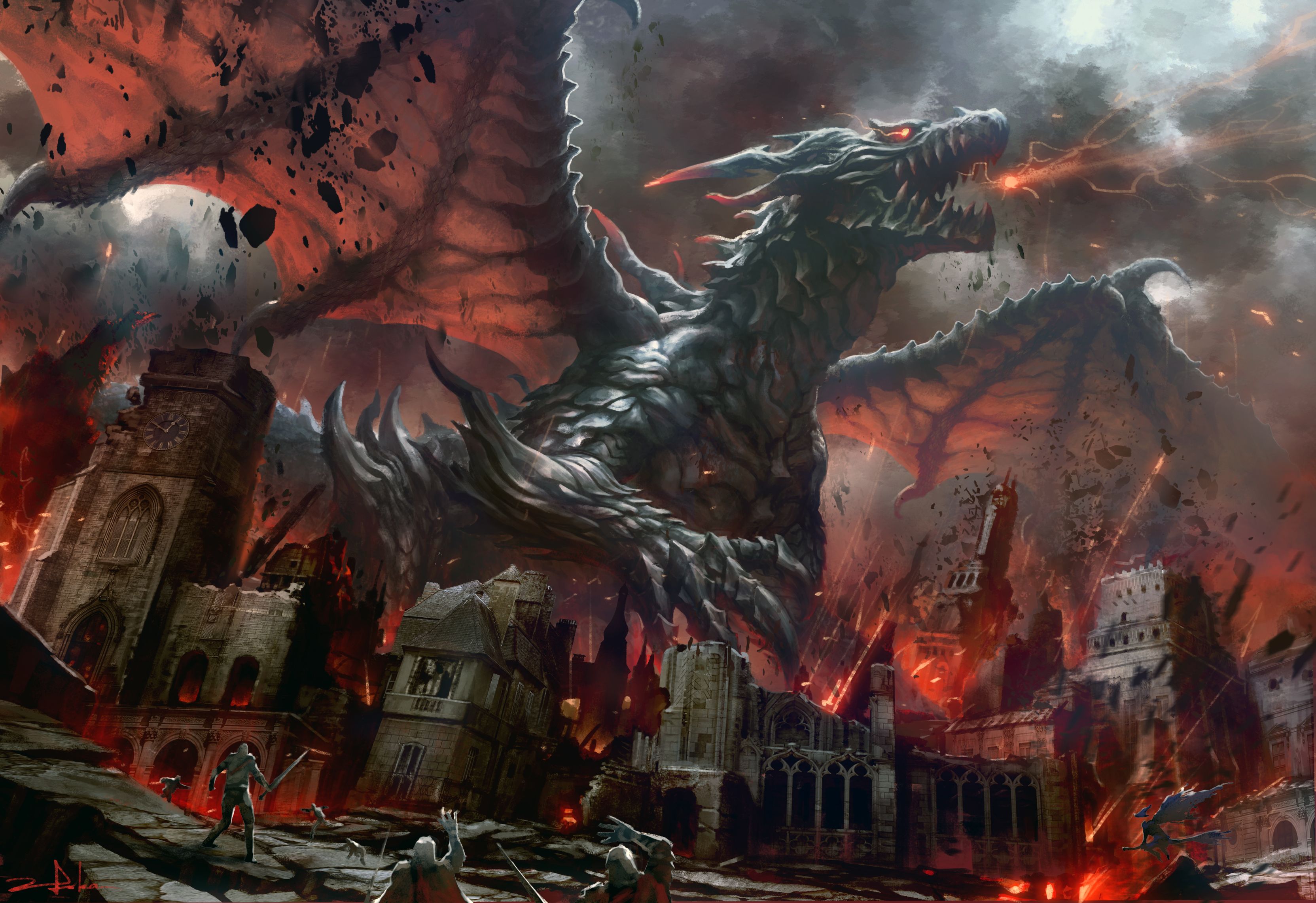 Drache, Brennende Stadt, Burg, Zerstörung, Dark Fantasy, 2K, Windows-Hintergrundbild