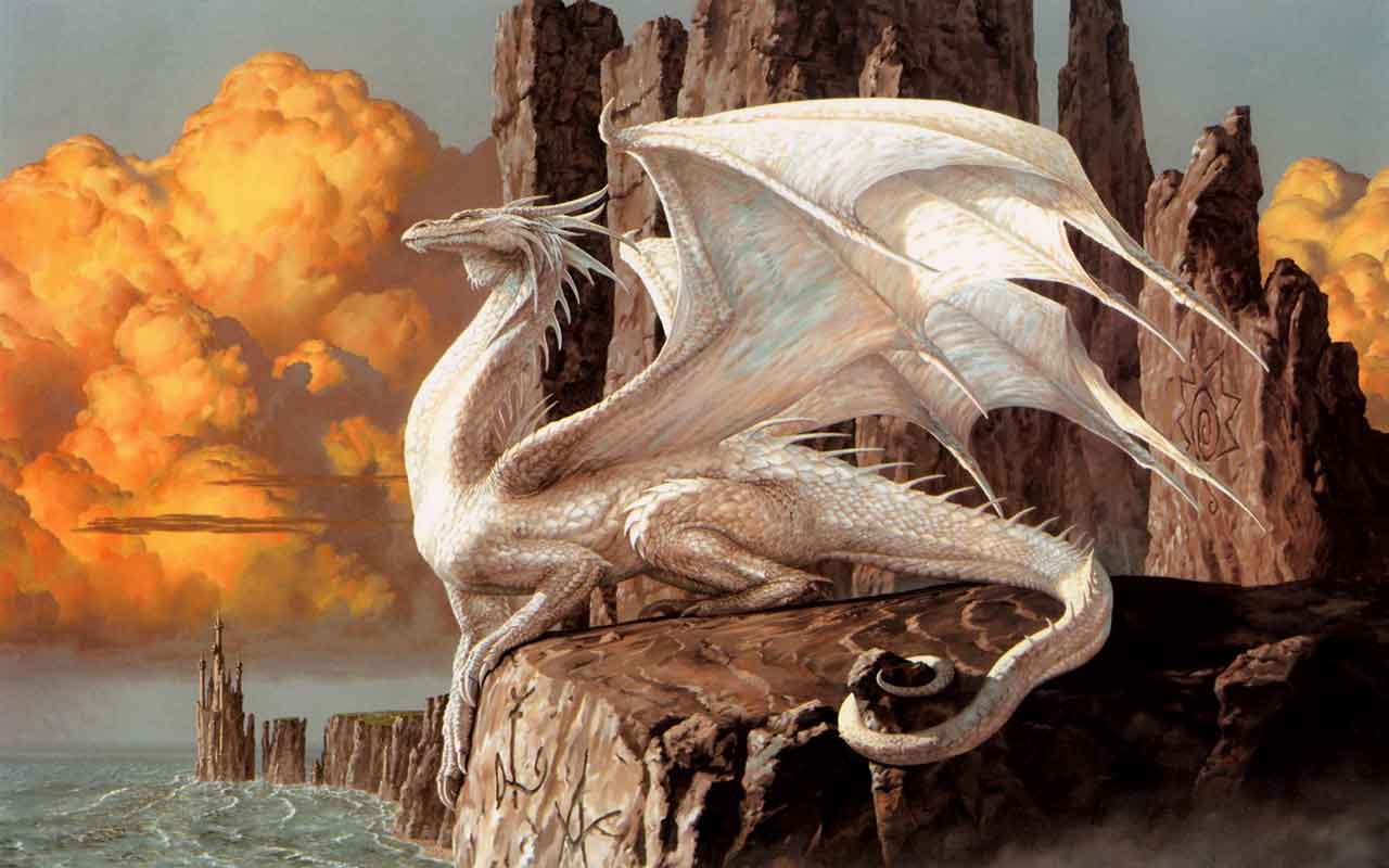 Weißer Drache, Felsen, Meer, Wolken, Fantasy-Kunst, 16:10, HD-Hintergrundbild für den Desktop