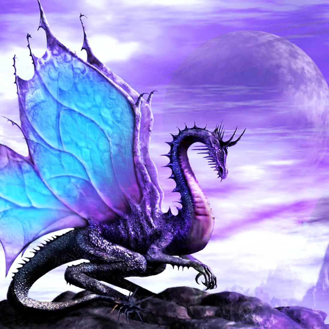 Drache, Schmetterlingsflügel, Lila, Mond, Fantasy, Hintergrundbild für iPad und Tablet