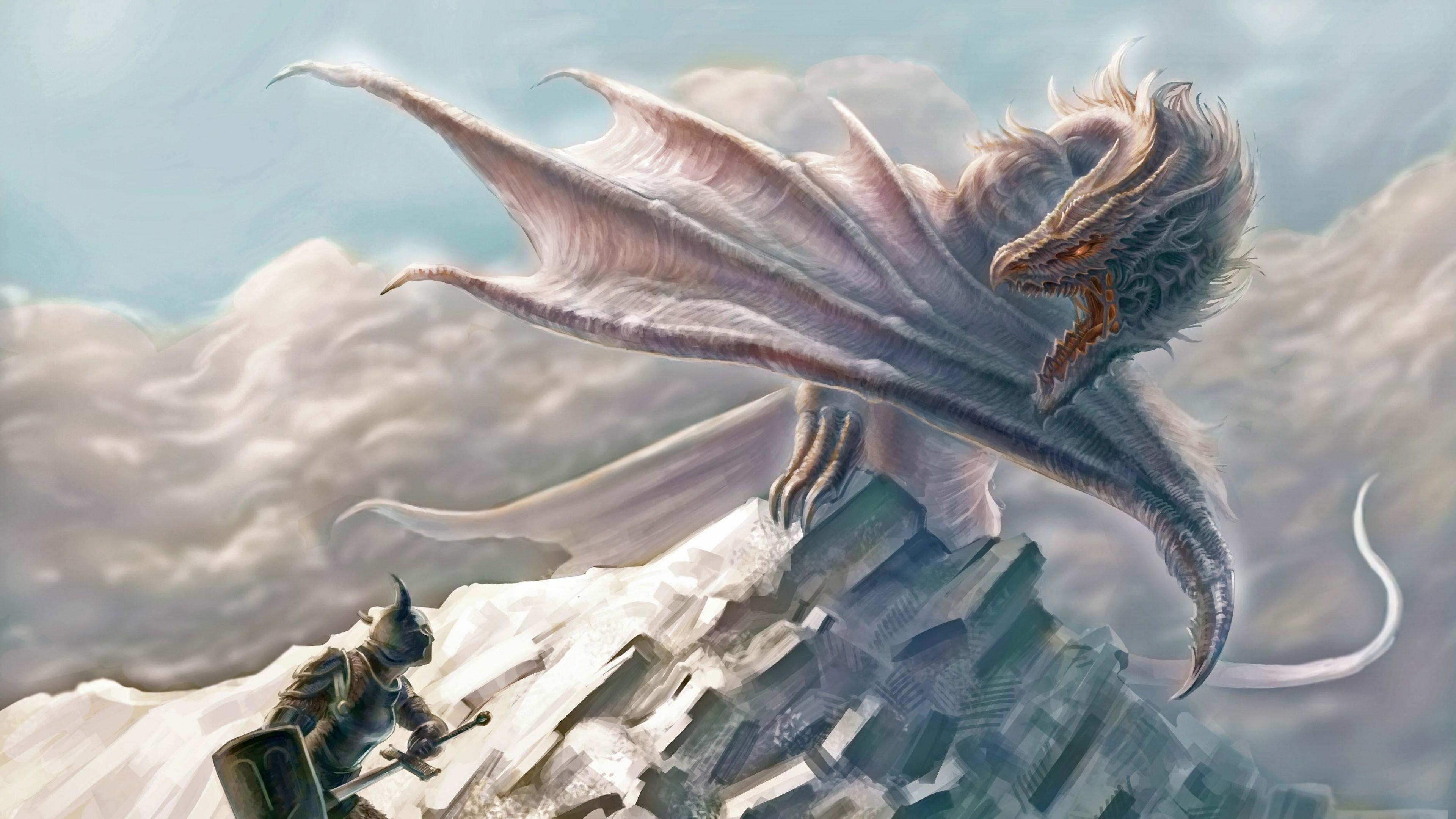 Weißer Drache, Schneegipfel, Wolken, Fliegend, Fantasy, 16:9, 4K-Hintergrundbild für den Desktop