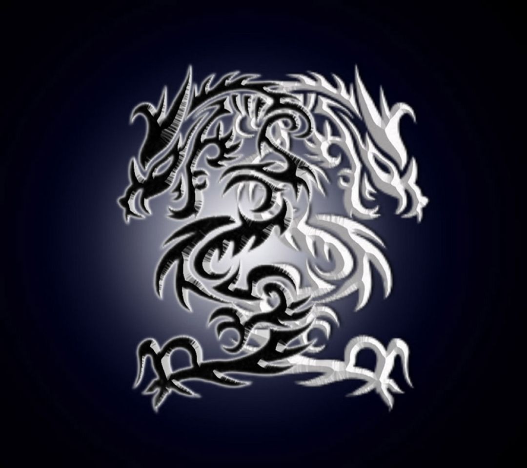 Tribal-Drache, Silber, Ornament, Dunkelblauer Hintergrund, Tattoo-Design, Wallpaper