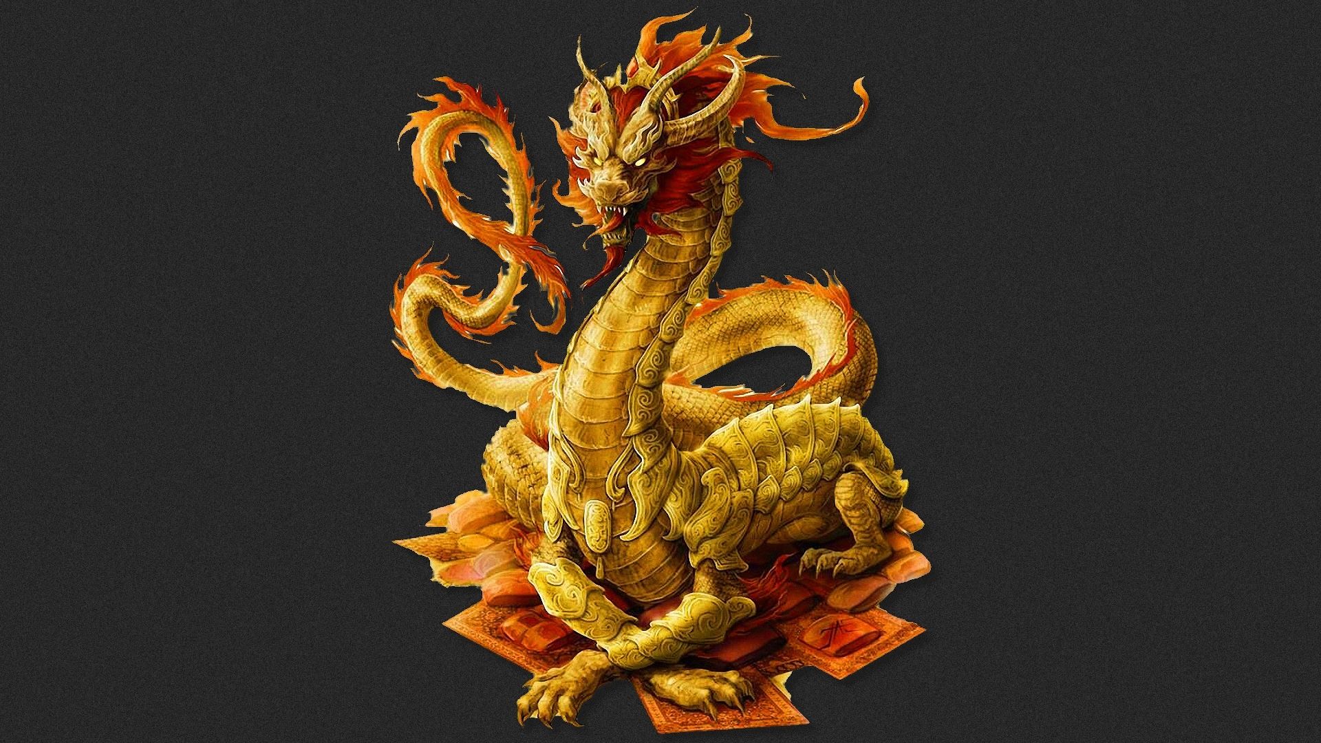 Goldener Drache, Chinesischer Drache, Figur, Grauer Hintergrund, Asiatische Kunst, 1080p Wallpaper
