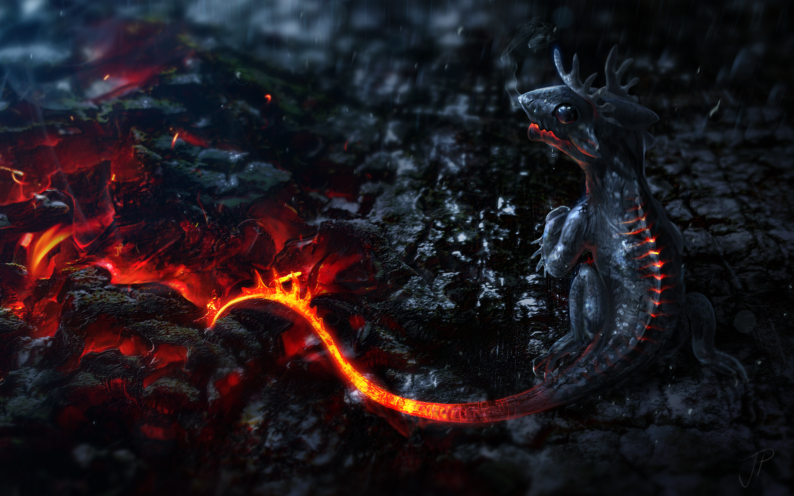Drache, Glut, Lava, Schwarz, Leuchtender Schwanz, 16:10, 2K-Hintergrundbild für den Desktop