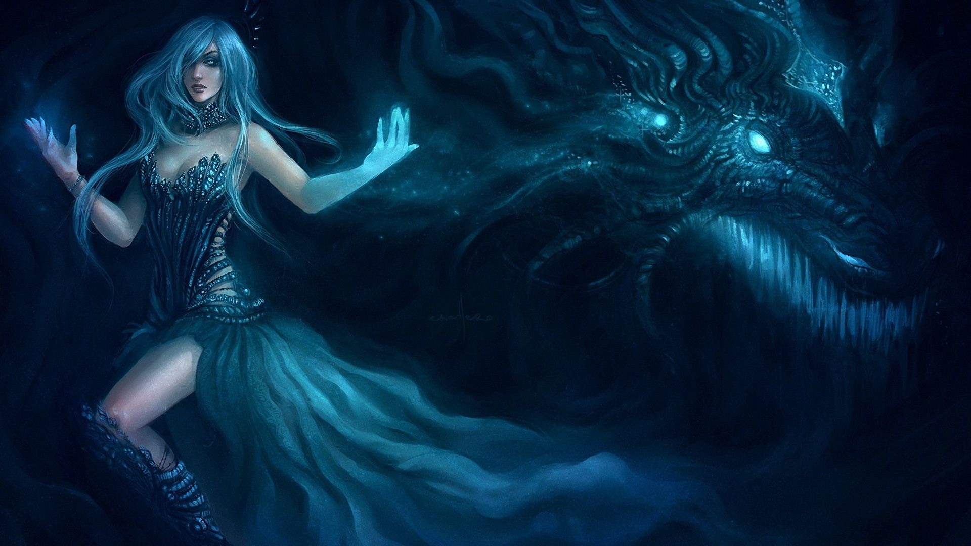 Frau, Wasserdrache, Blau, Magie, Fantasy-Kunst, 16:9, Full-HD-Hintergrundbild für den Desktop