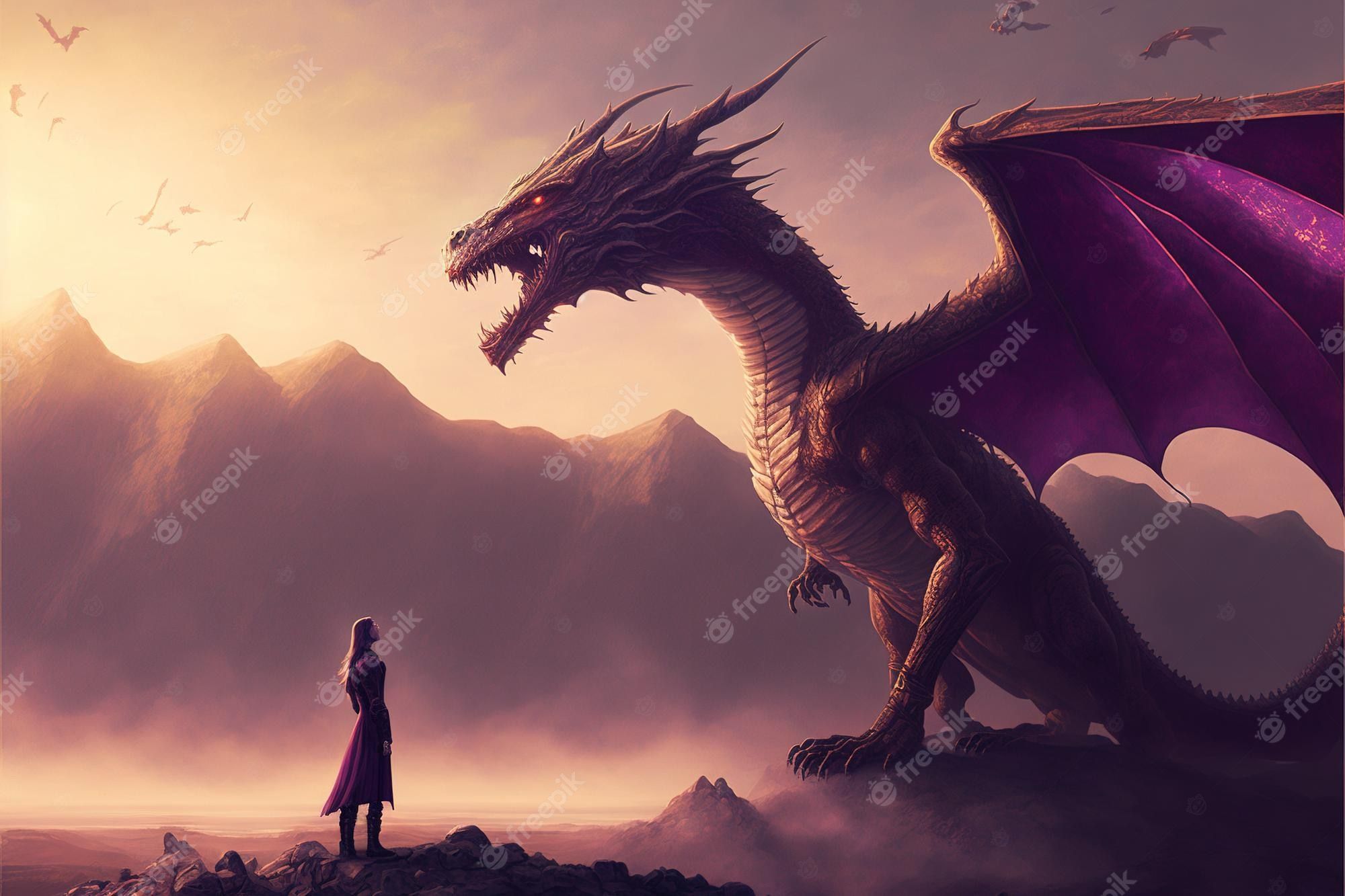 Lila Drache, Mensch, Berge, Nebel, Fantasy, Full HD, Desktop-Hintergrund für Windows